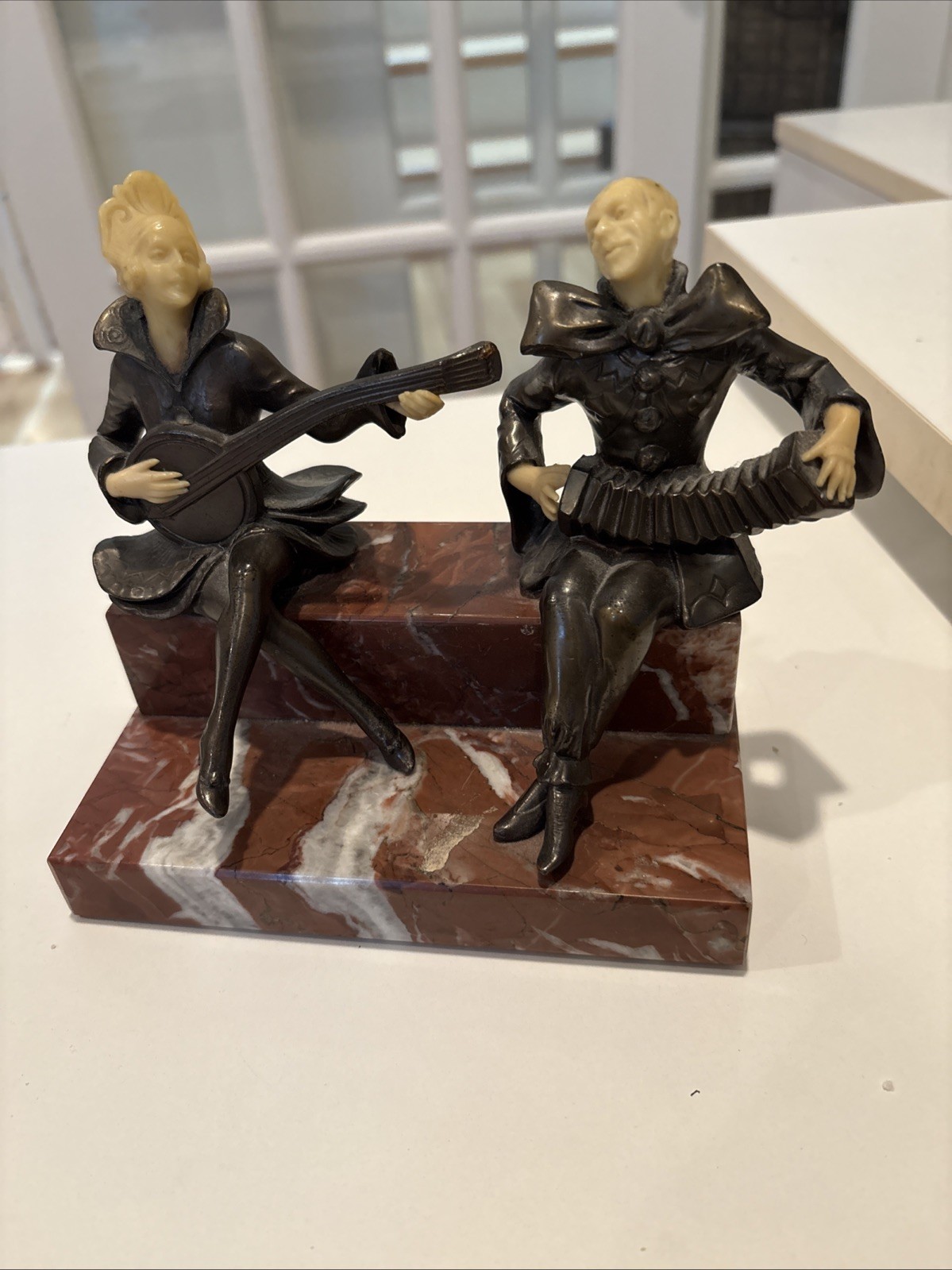Antique Art Deco German Spelter Musician Figurine Pierrot Marble Base - AS IS Antique Art Deco German Spelter Musician Figurine Pierrot Marble Base - AS IS