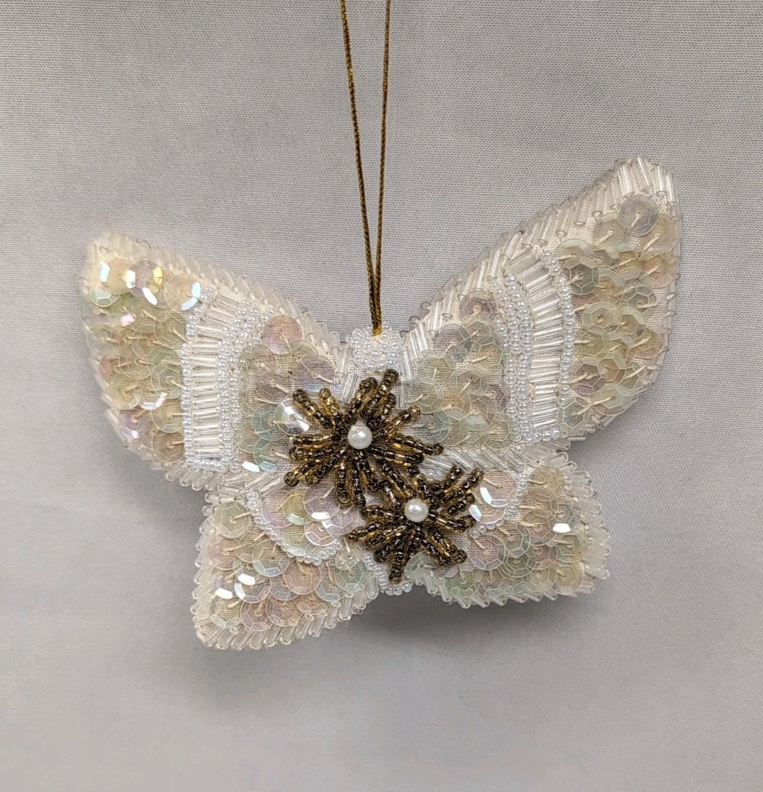 Vintage SILVESTRI Butterfly Ornament Beaded Sequin White Gold Christmas Decor 