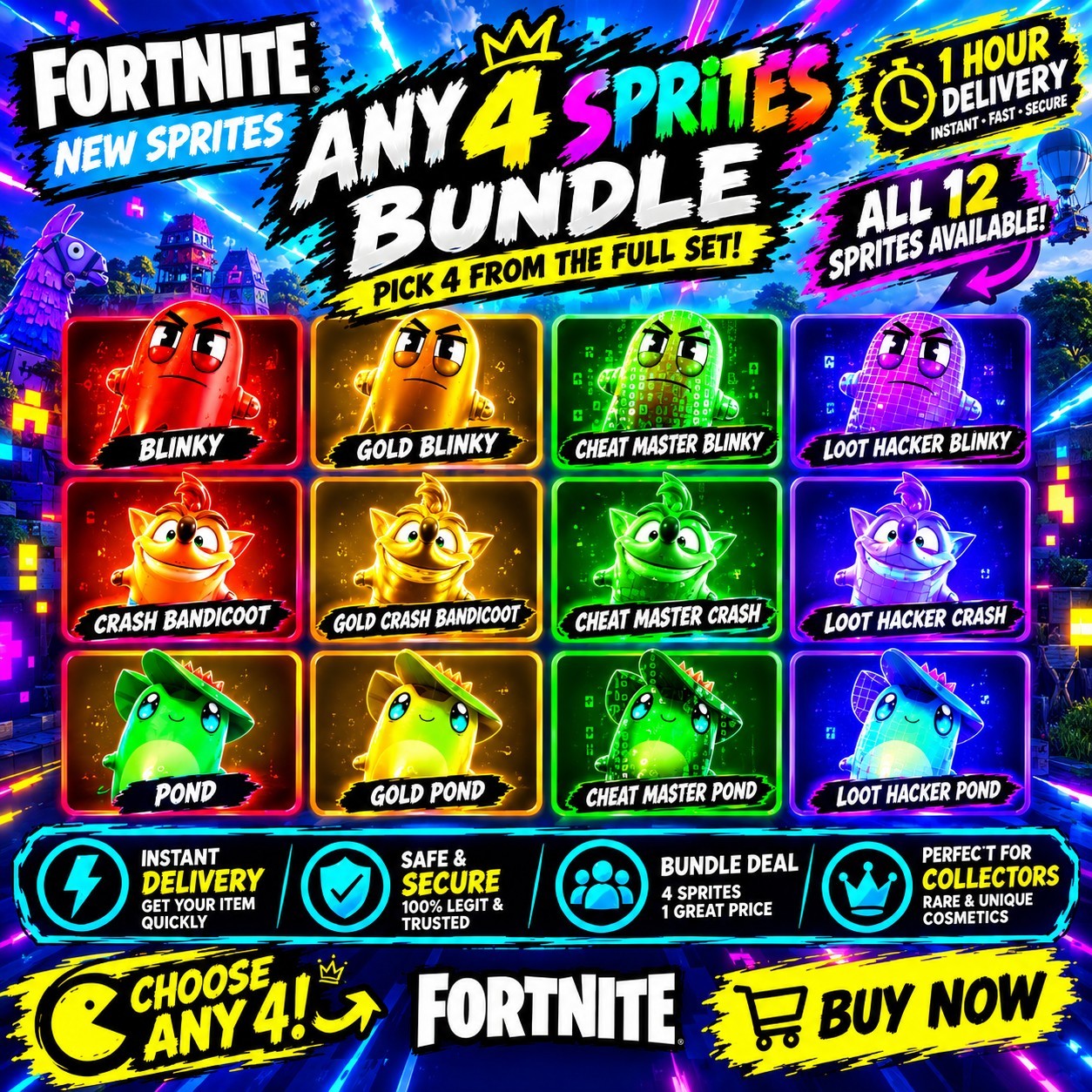 ANY 4 sprites BUNDLE NEW 1 hour delivery Sprite Fortnite SEE DESCRIPTION ANY 4 sprites BUNDLE NEW 1 hour delivery Sprite Fortnite SEE DESCRIPTION