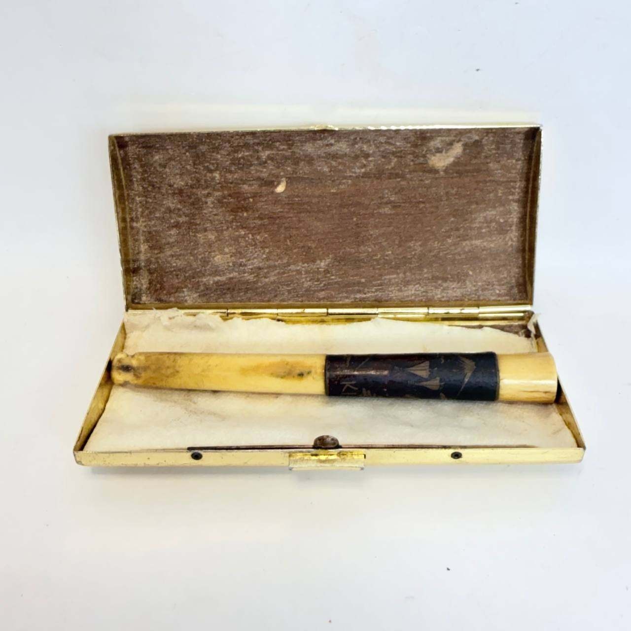 Vintage K18 Damascene Cigarette Holder with Scenic Porcelain Inlay Case