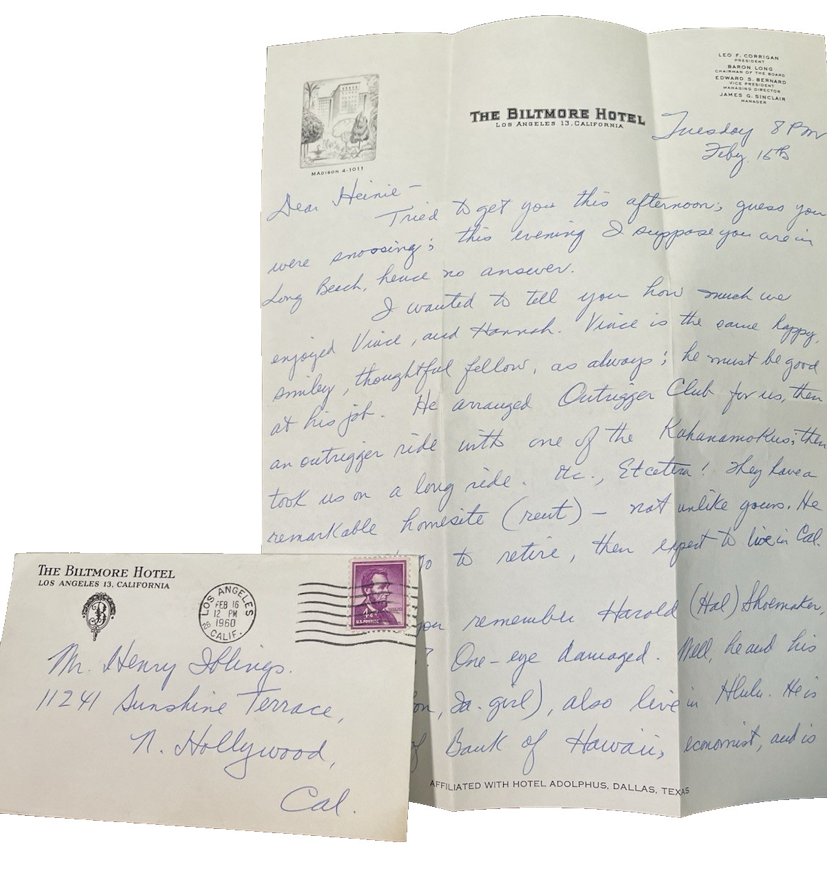 The Biltmore Hotel LA CA Original Vtg Letterhead Envelope 1960 handwritten cursi