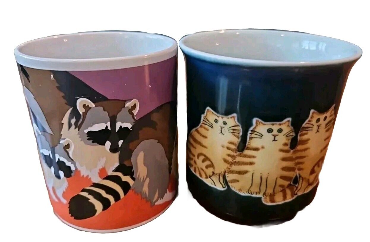 2 Vintage Otagiri Mugs Coffee Cups Otagiri Japan Raccoons & Cats VGUC