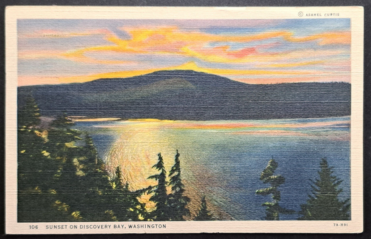 Sunset on Discovery Bay WA 1944 Postcard Asahel Curtis Linen Scenic View Sunset on Discovery Bay WA 1944 Postcard Asahel Curtis Linen Scenic View