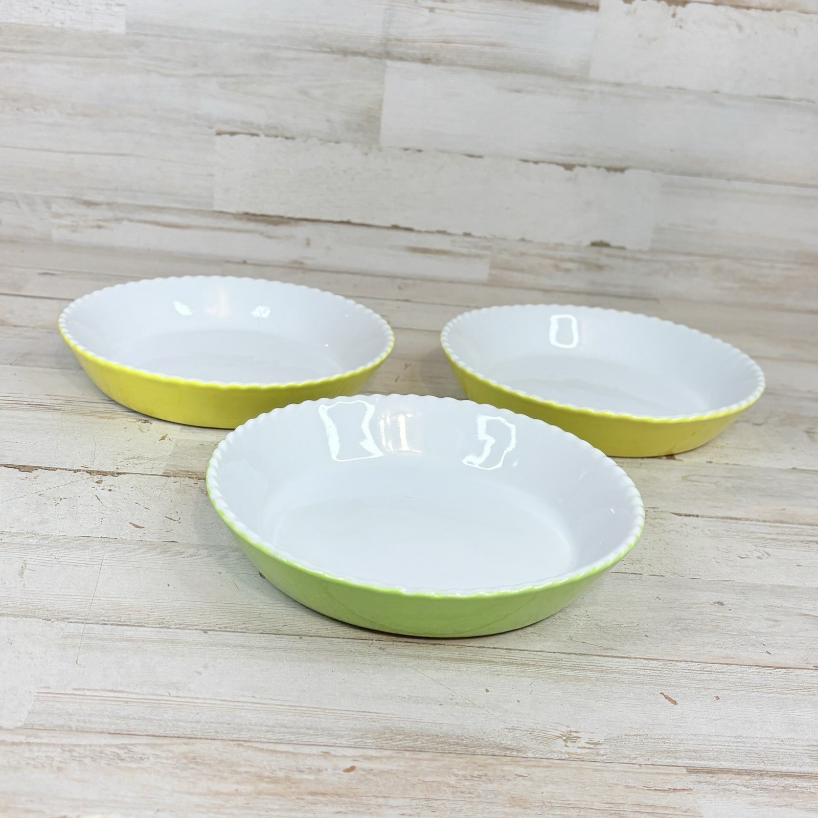 Lot Of 3 Vintage Valentina Yellow Green Scalloped Edge Stoneware Baking Dish