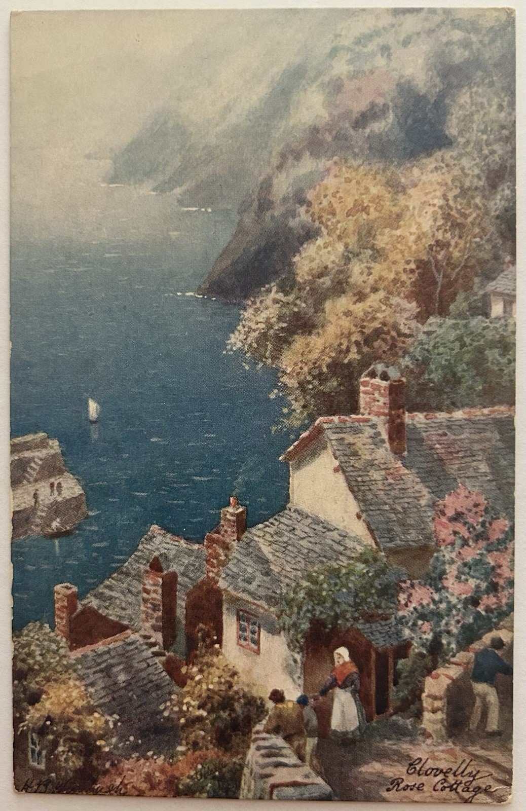 Antique Raphael Tuck Postcard Clovelly Rose Cottage Oilette Series II 7464