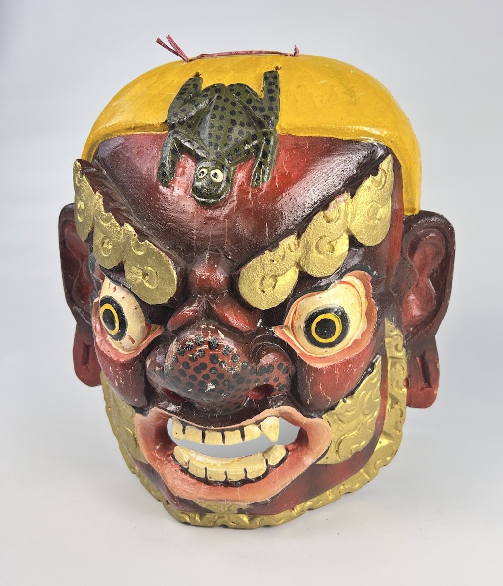Vintage Himalayan Carved Wood Mask Bhutanese Tibetan Wrathful Deity Frog 9.5