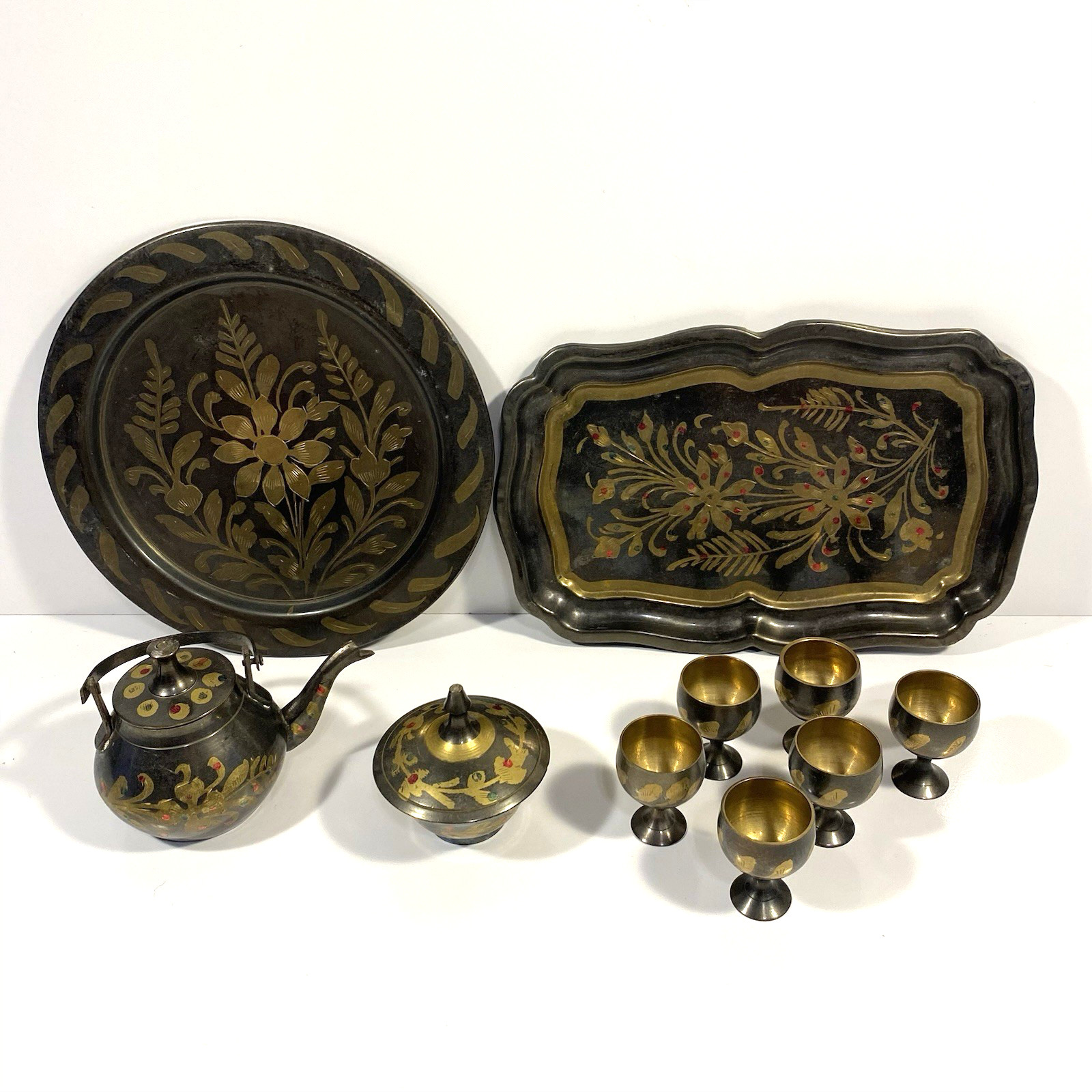 VTG 10 pc India Brass Etched Mini Set - Teapot, Trinket Dish, Goblets, Tin Trays