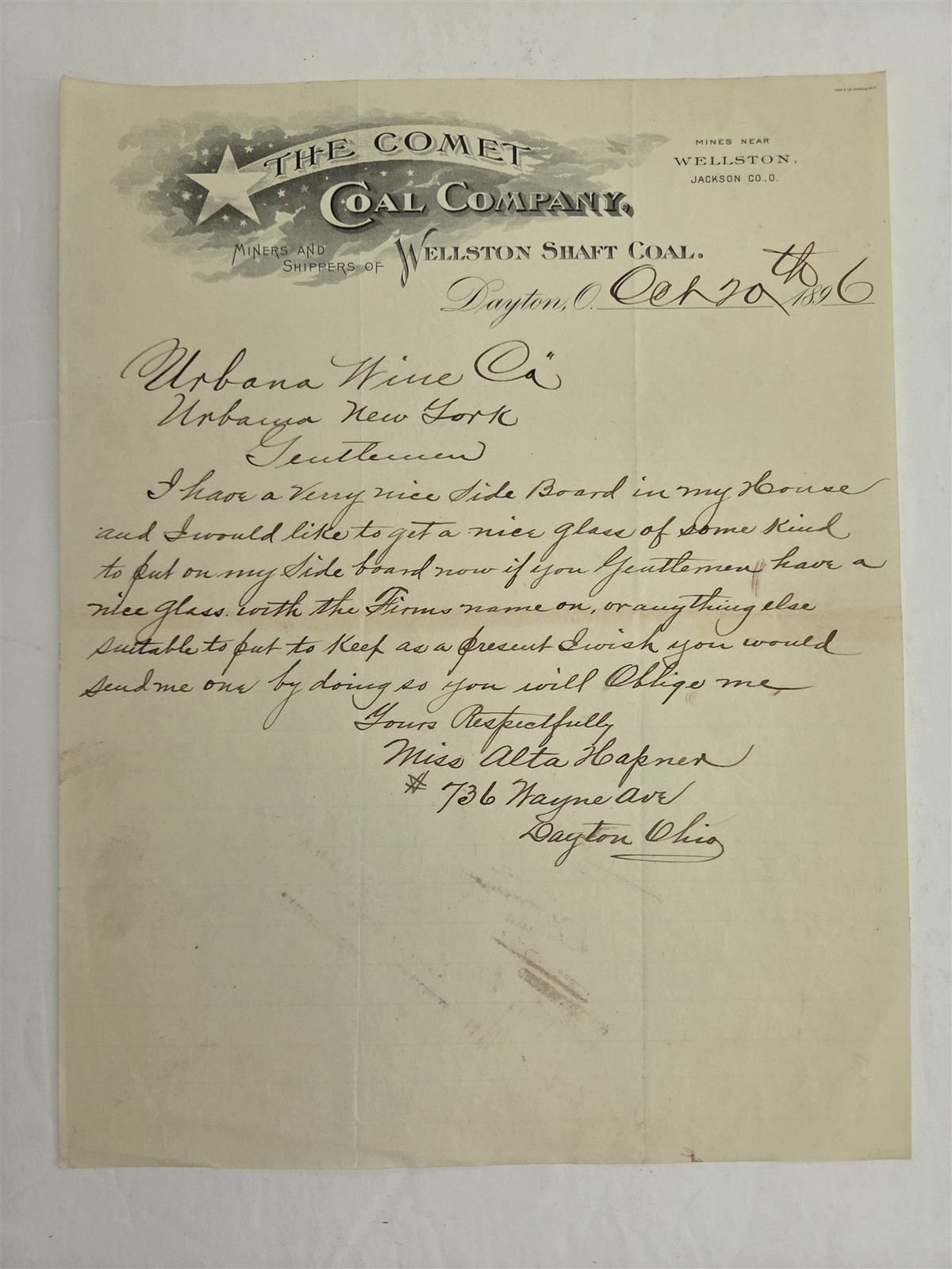 1896 antique COMET COAL COMPANY dayton oh WELLSTON SHAFT COAL MINING LETTERHEAD
