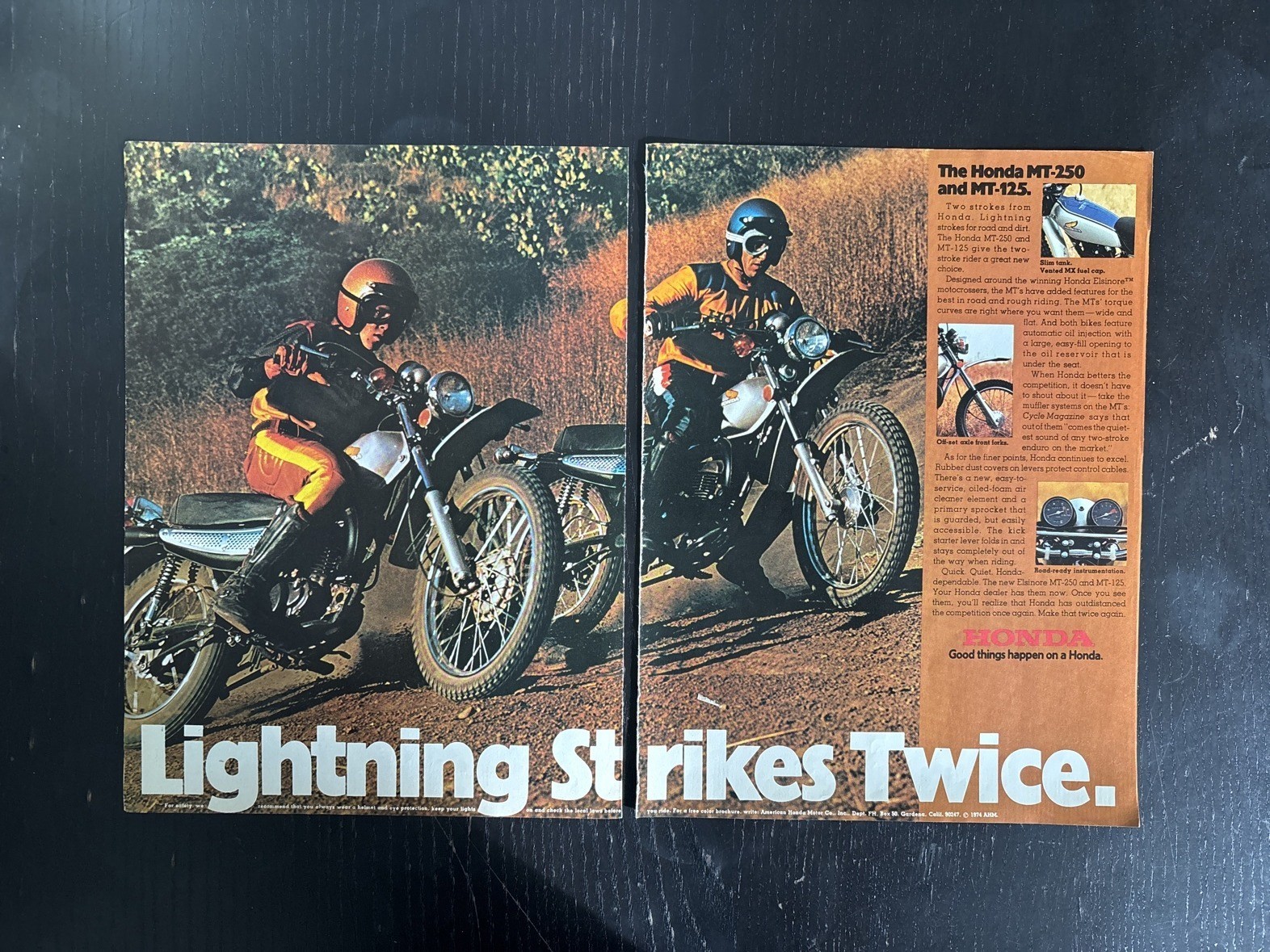 1974 Honda MT-250 MT-125 Elsinore Vintage 2-Page Ad Lightning Strikes Twice