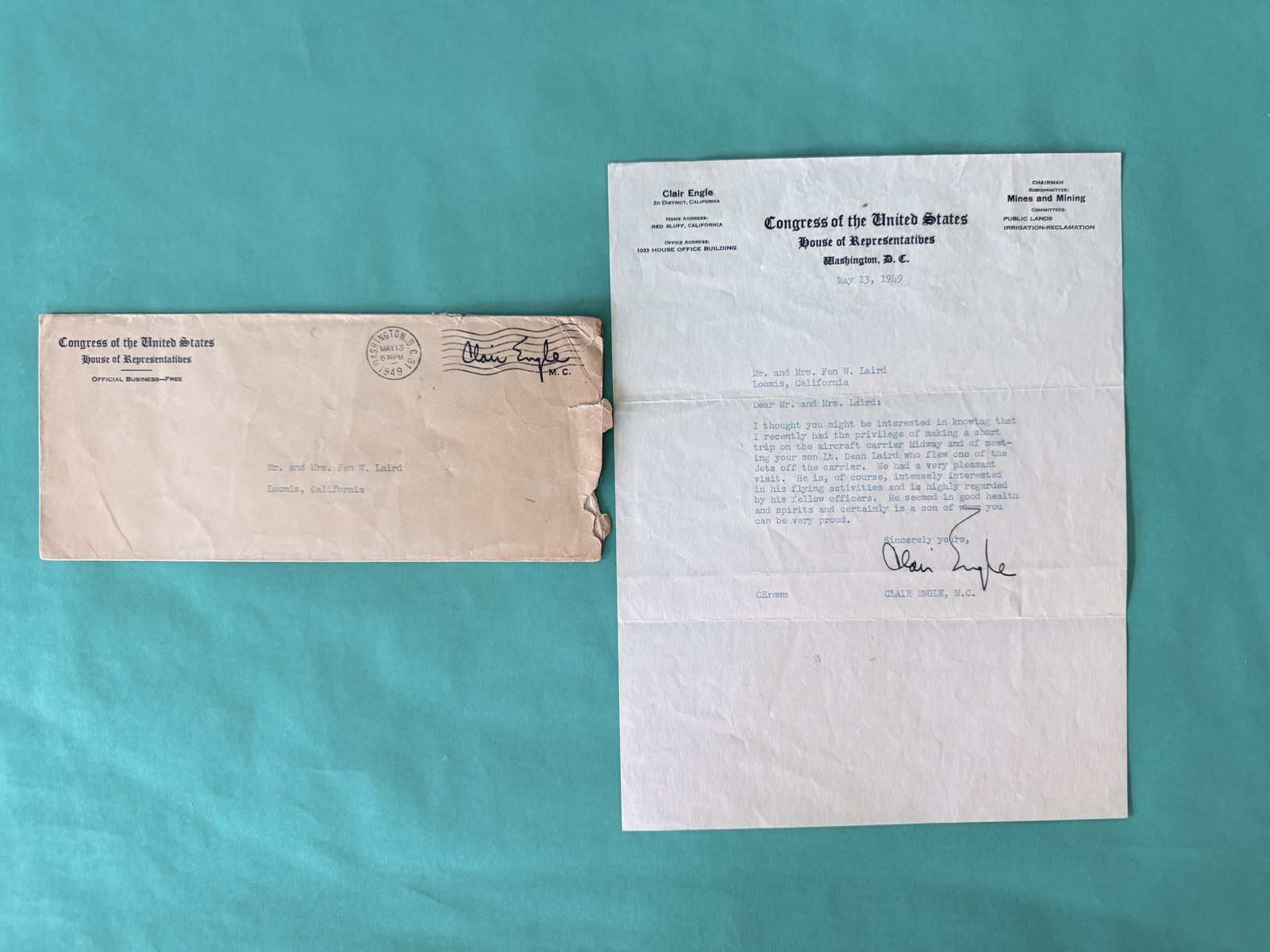 Clair Engle 1949 Signed Letter Congressman USS Midway