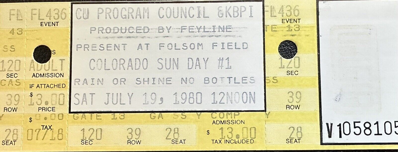 Vintage COLORADO Sun Day #1 July 19, 1980 Folsom Field Bolder CO Ticket Stub
