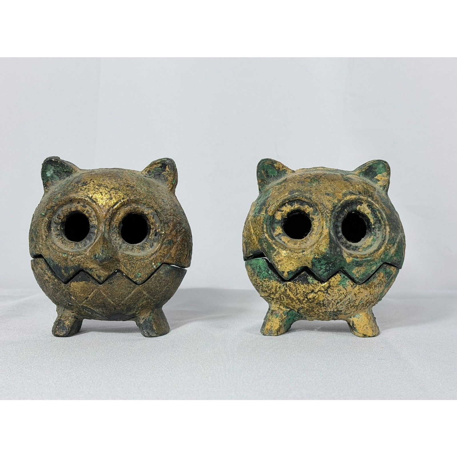 Vtg Cast Iron Pair Owl Incense Burners Rustic Brutalist Gold Bronze Patina OMC