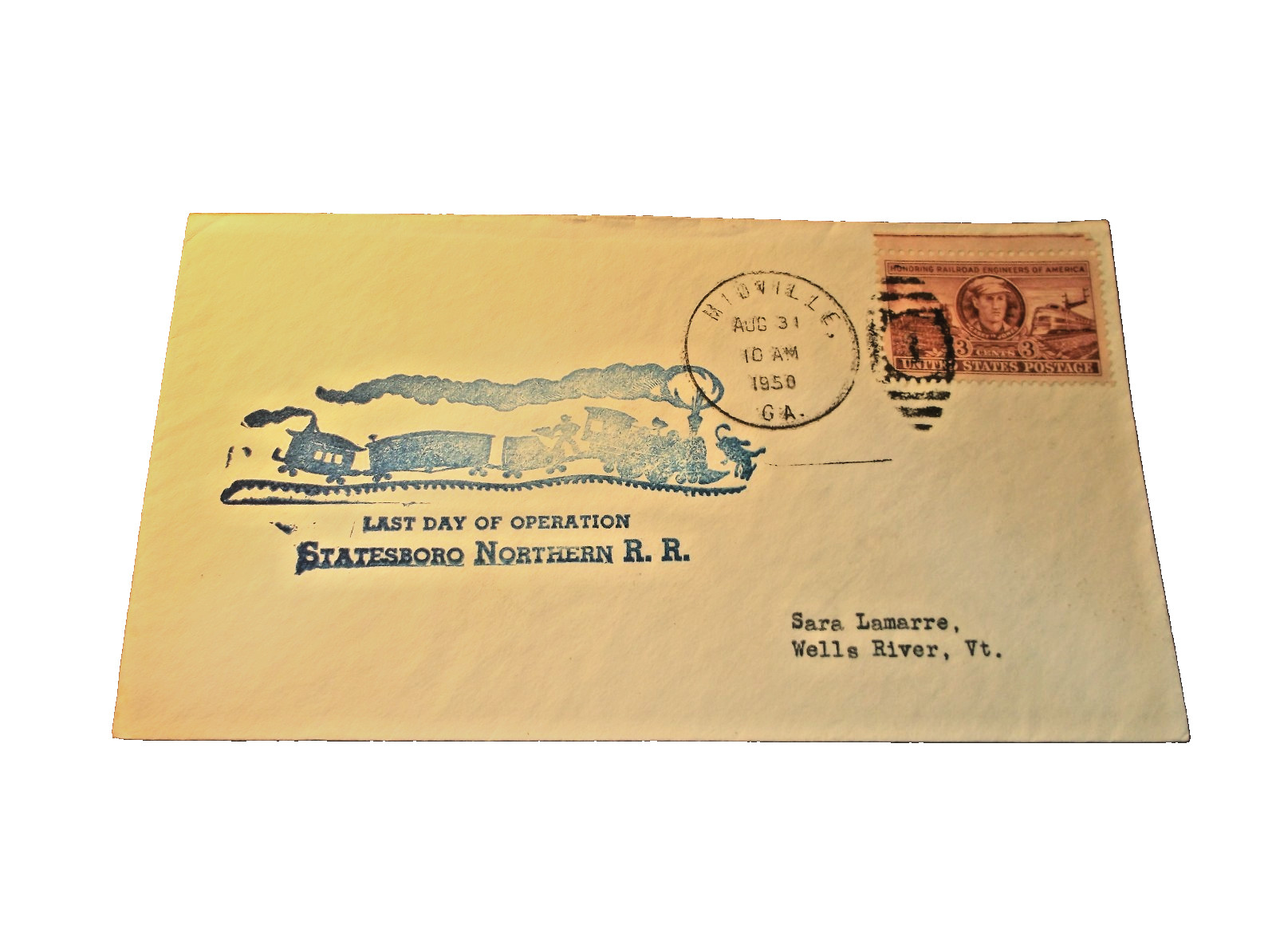 AUGUST 1950 STATESBORO NORTHERN RAILROAD MIDVILLE GEORGIA SOUVENIR ENVELOPE