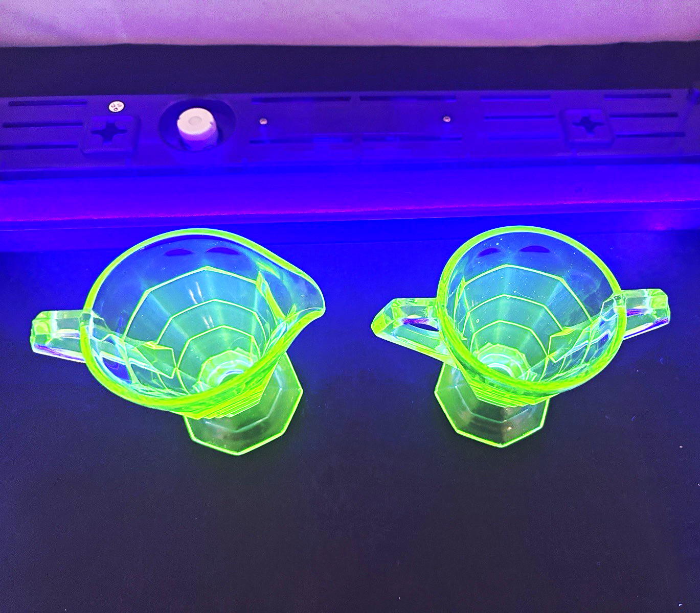 Vintage Vaseline Uranium Glass Creamer & Sugar Bowl Set. Indiana Glass Tea Room