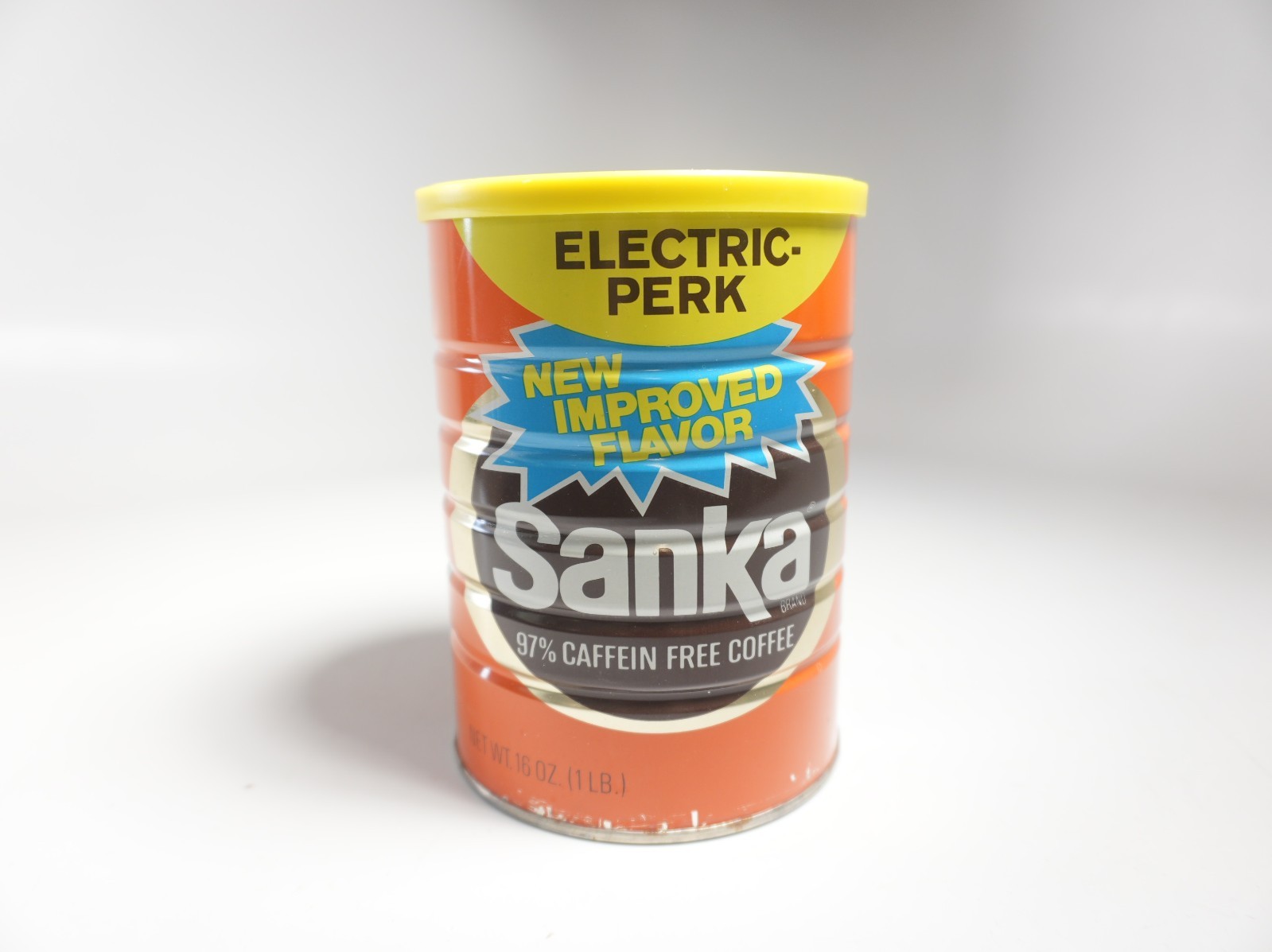Vintage SANKA COFFEE CAN TIN ELECTRIC PERK 97% CAFFEIN FREE  SEALED  PROP