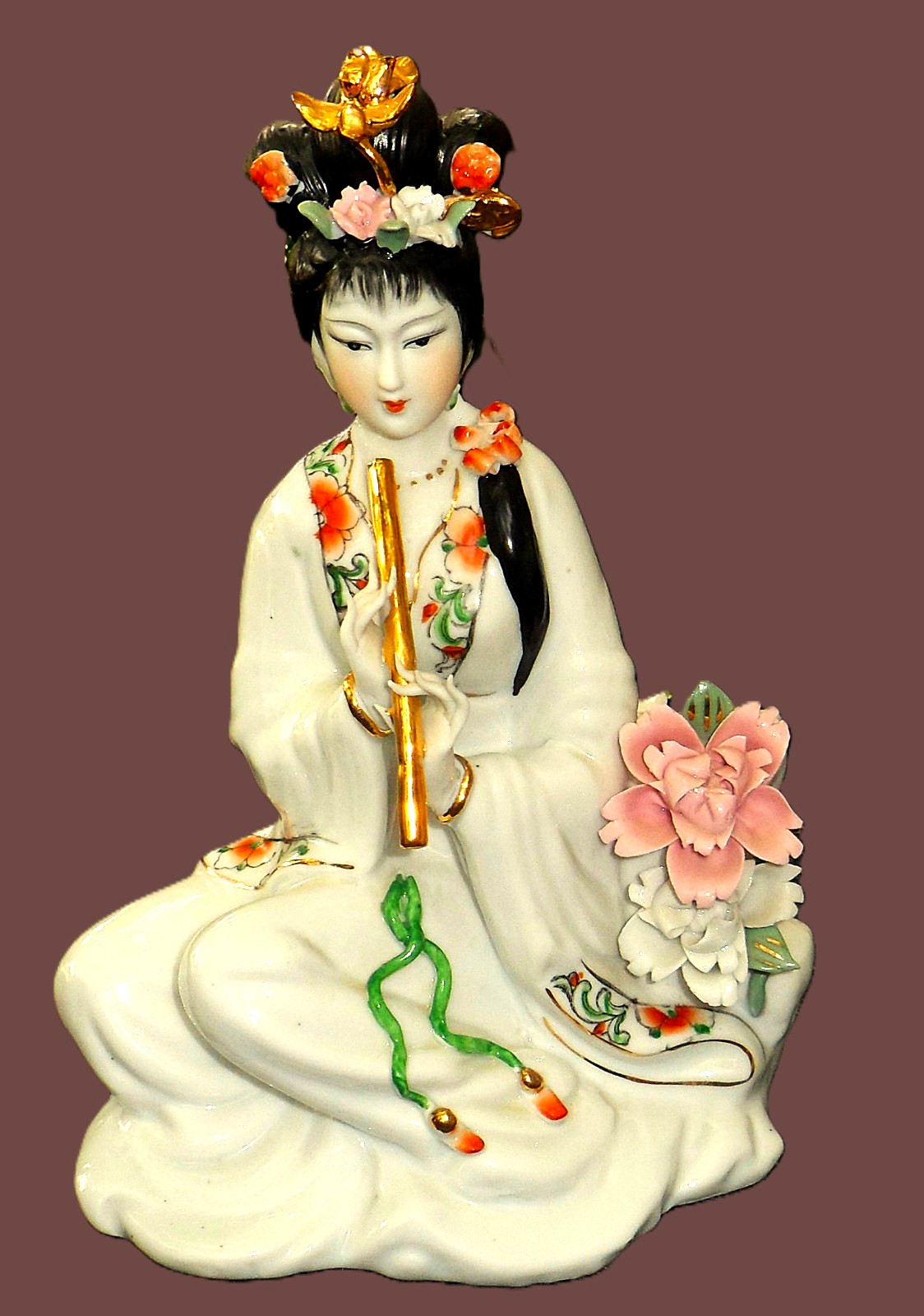 Vintage Porcelain Japanese Geisha Figurine with Flute Hand Painted Statue 11”