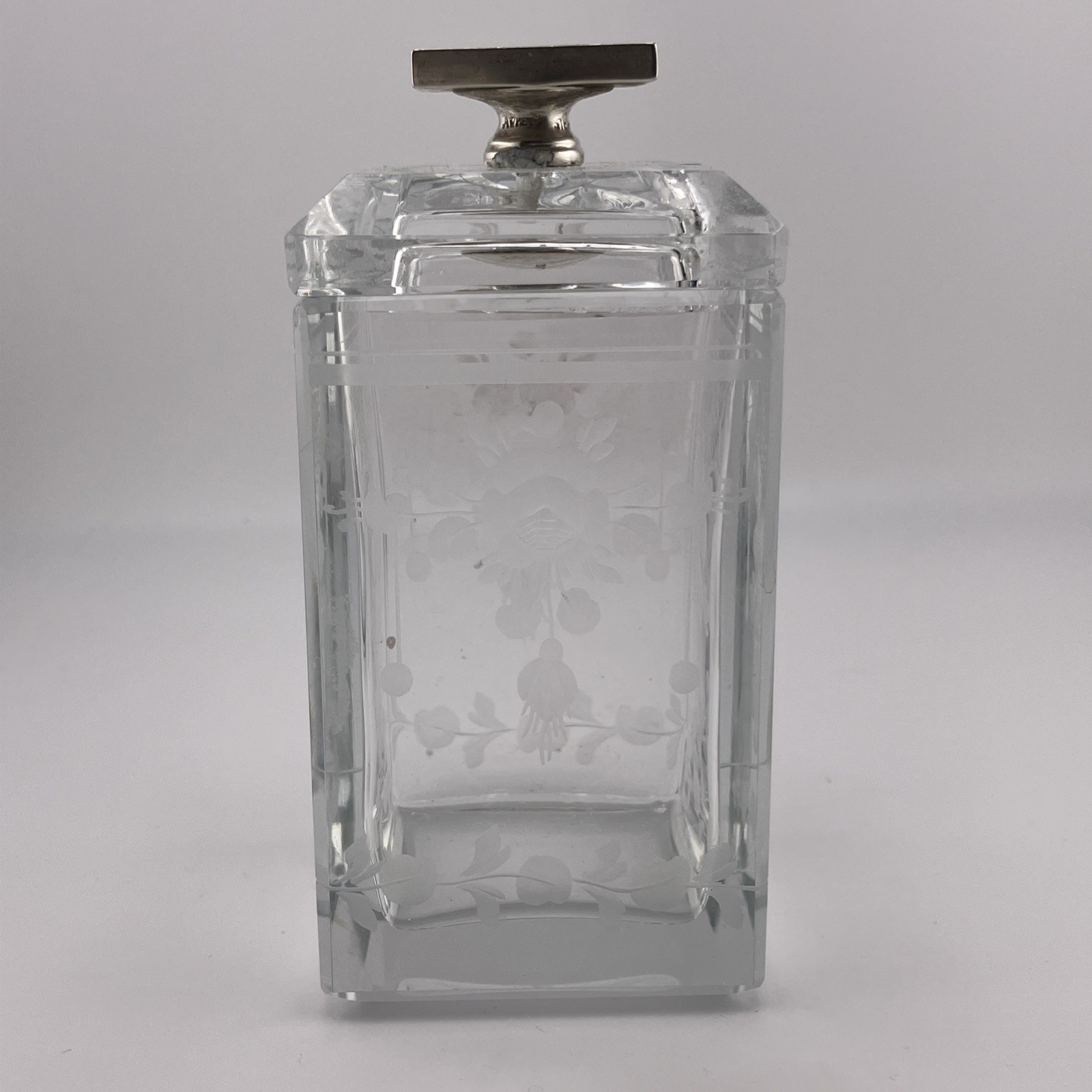 Antique Hawkes Etched Glass Small Jar w/Sterling Lid