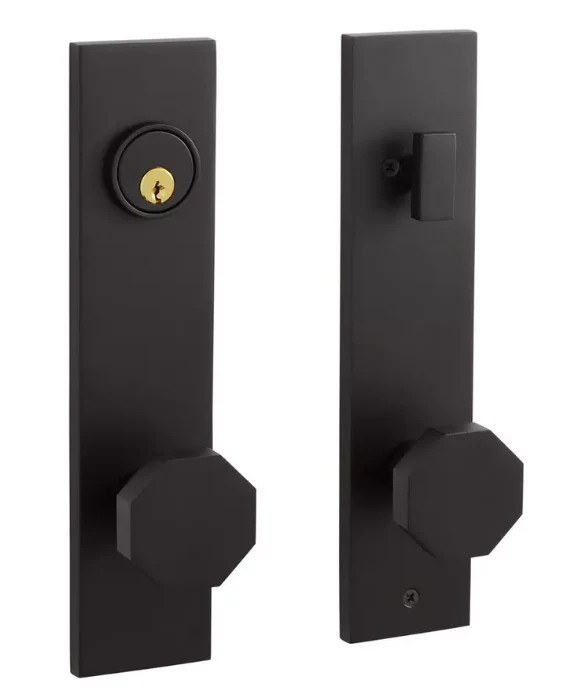 New Satin Black Contemporary Ambrus Solid Brass Entrance Door Set - Octagonal