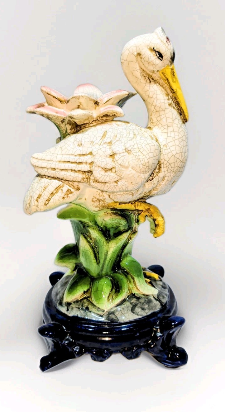 Vintage Majolica Ceramic Crane Sculpture 13” X 6” Vintage Majolica Ceramic Crane Sculpture 13” X 6”