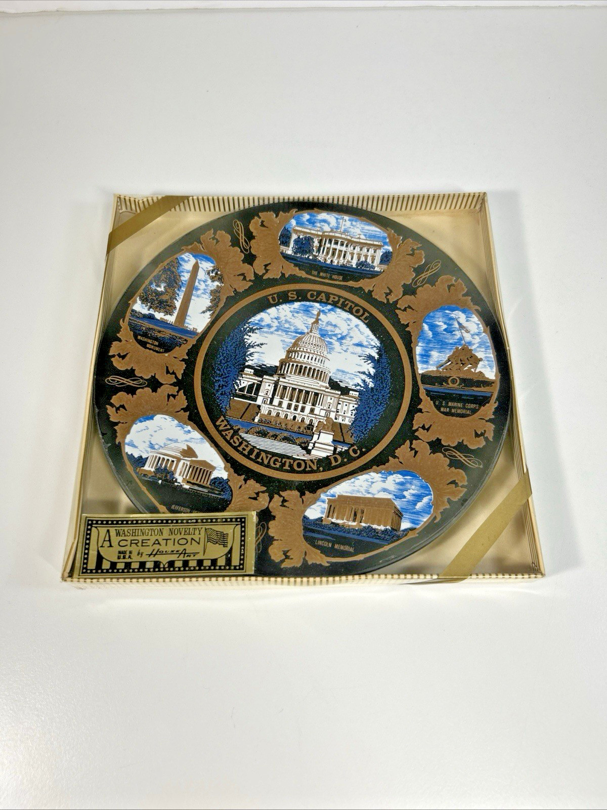 Plate in Box Washington DC Souvenir Plate Clear Glass Gold Trim USA Collector