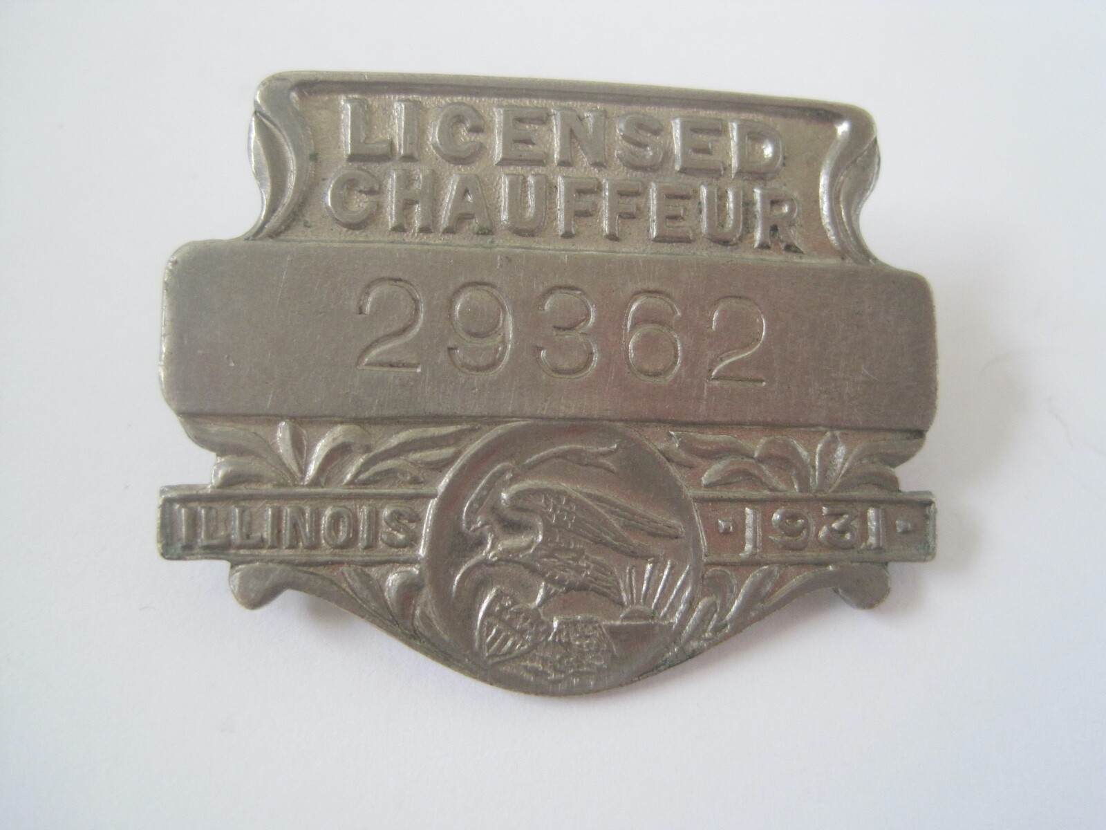 Licensed Chauffeur Badge Illinois 1931 Antique Silver Tone Pin