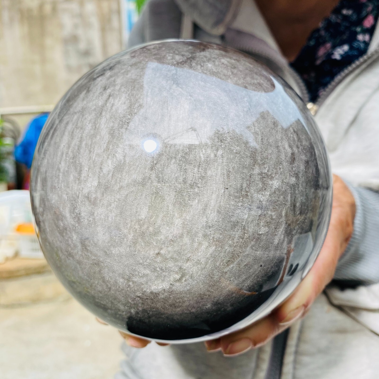 2.9kg Huge Silver Black Obsidian Quartz Crystal Witch Sphere Healing Meditation