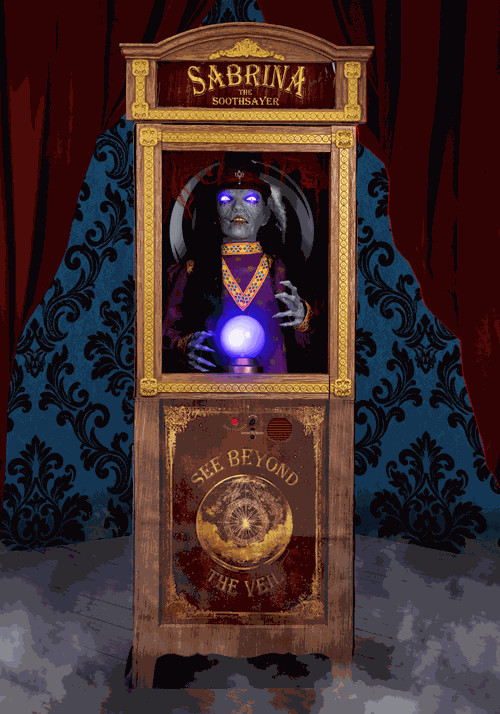 SHE\'S HERE HALLOWEEN 2026 FORTUNE TELLER 6\' PROP IN CABINET ANIMATRONIC PROP