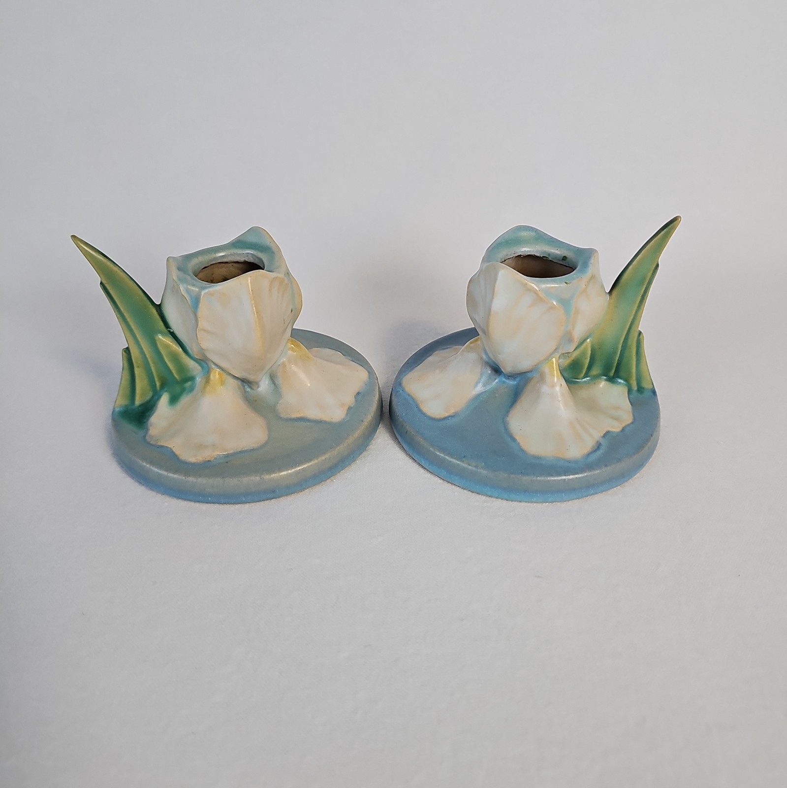 Vintage Roseville Iris 1939 Art Deco Pottery Ceramic Candle Holder Set Of 2 