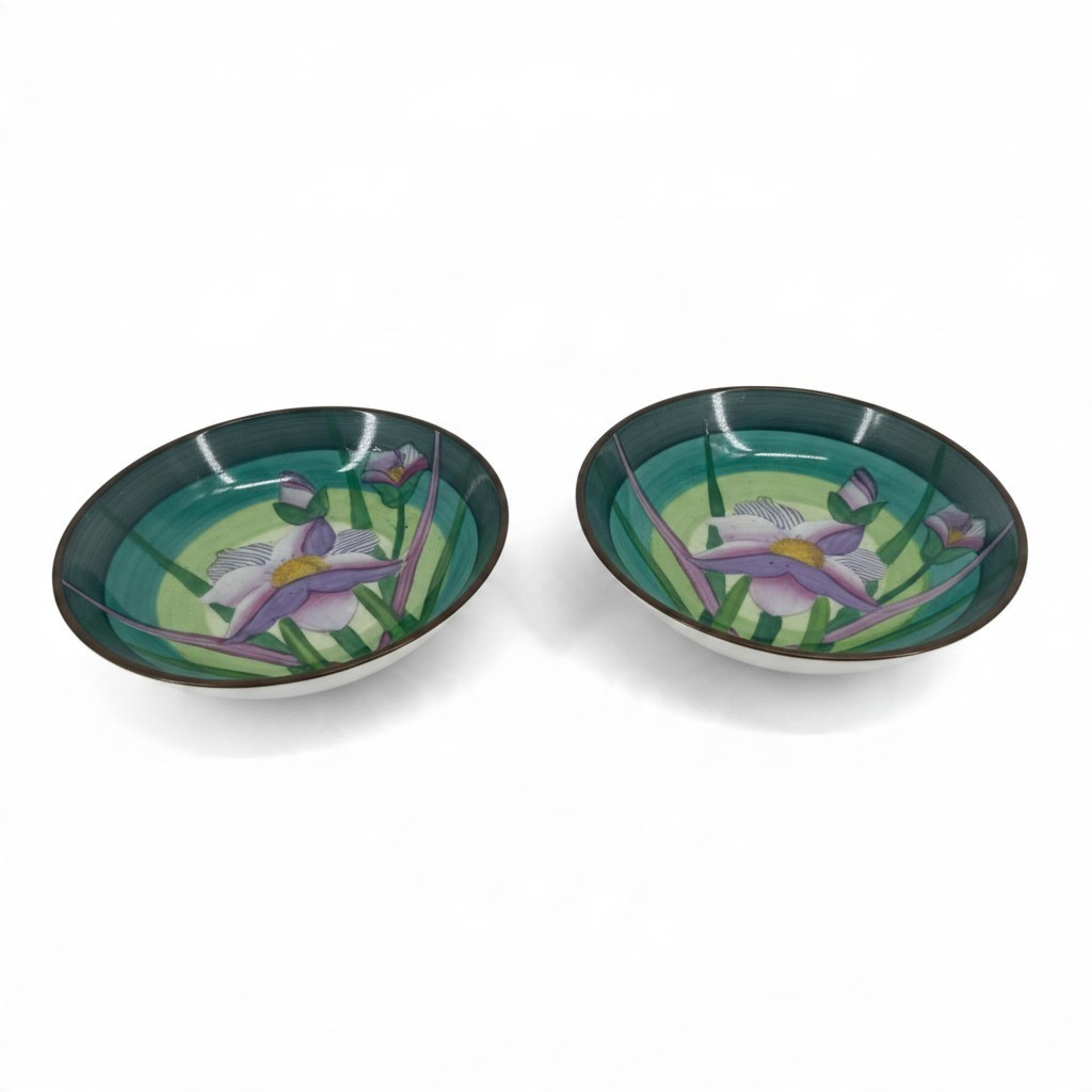 Vintage Hand Painted Porcelain Purple Iris Wall Plates Brass Rim Set of 2