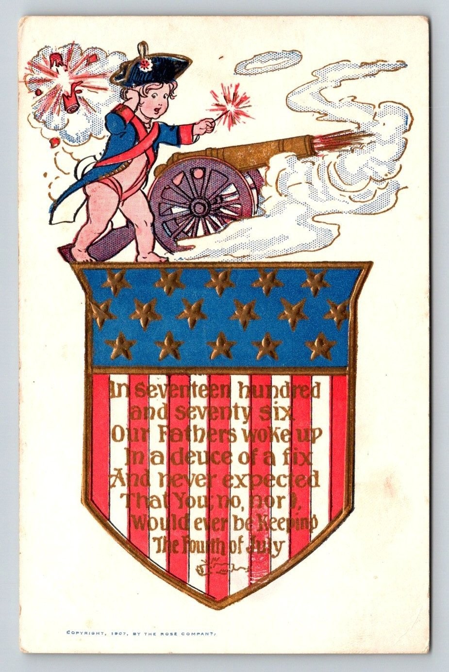 1907 Fourth of July Postcard Rose Co Embossed Patriot Cherub Cannon Fireworks