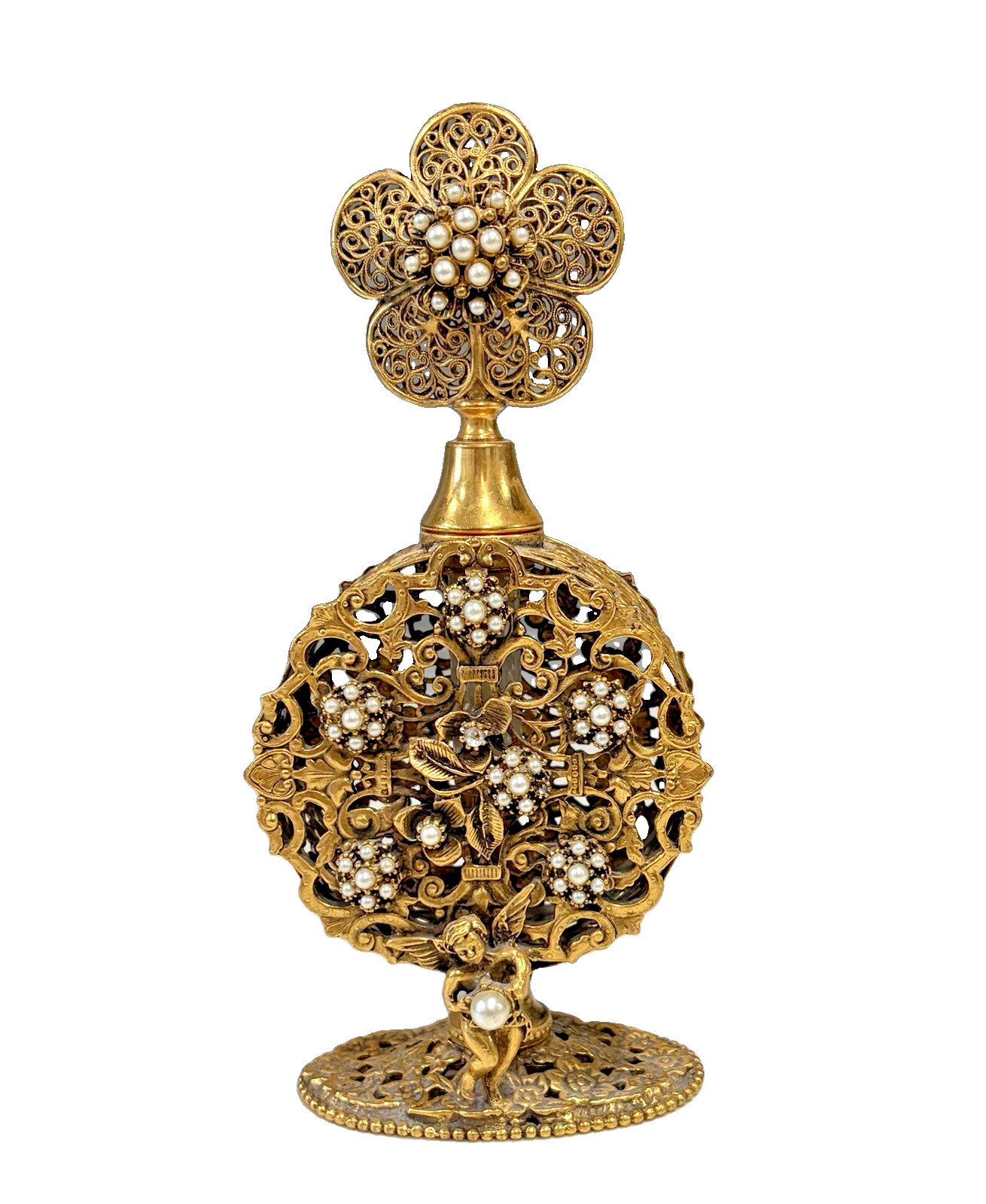 Vintage Stylebuilt Ormolu Filigree Perfume Bottle Hollywood Regency Vanity