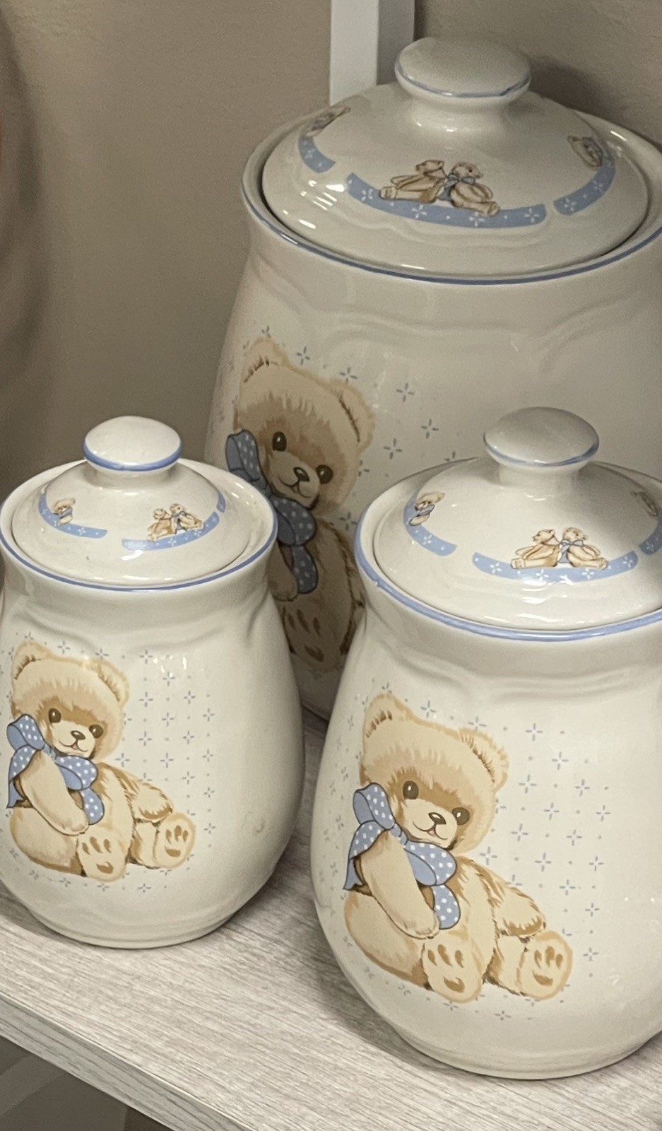 Tienshan Stoneware Vintage Country Teddy Bear Canister 3 Pc Set Cottage core  