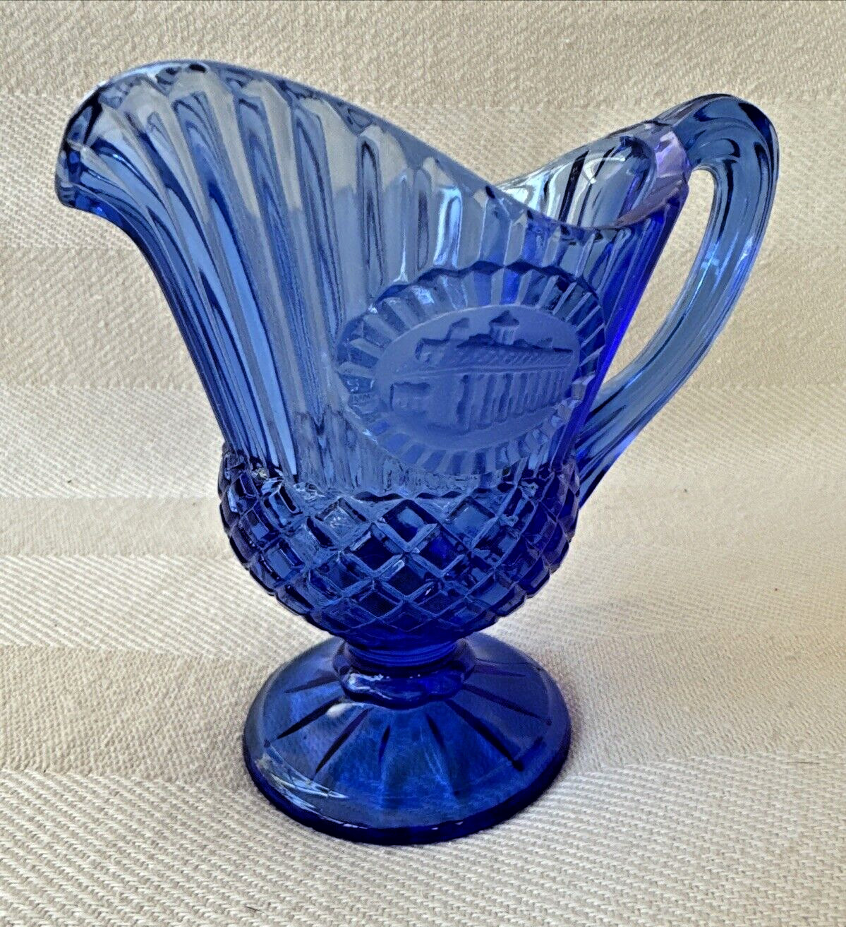 Vintage Avon Fostoria pitcher cobalt blue glass with Mt. Vernon emblem