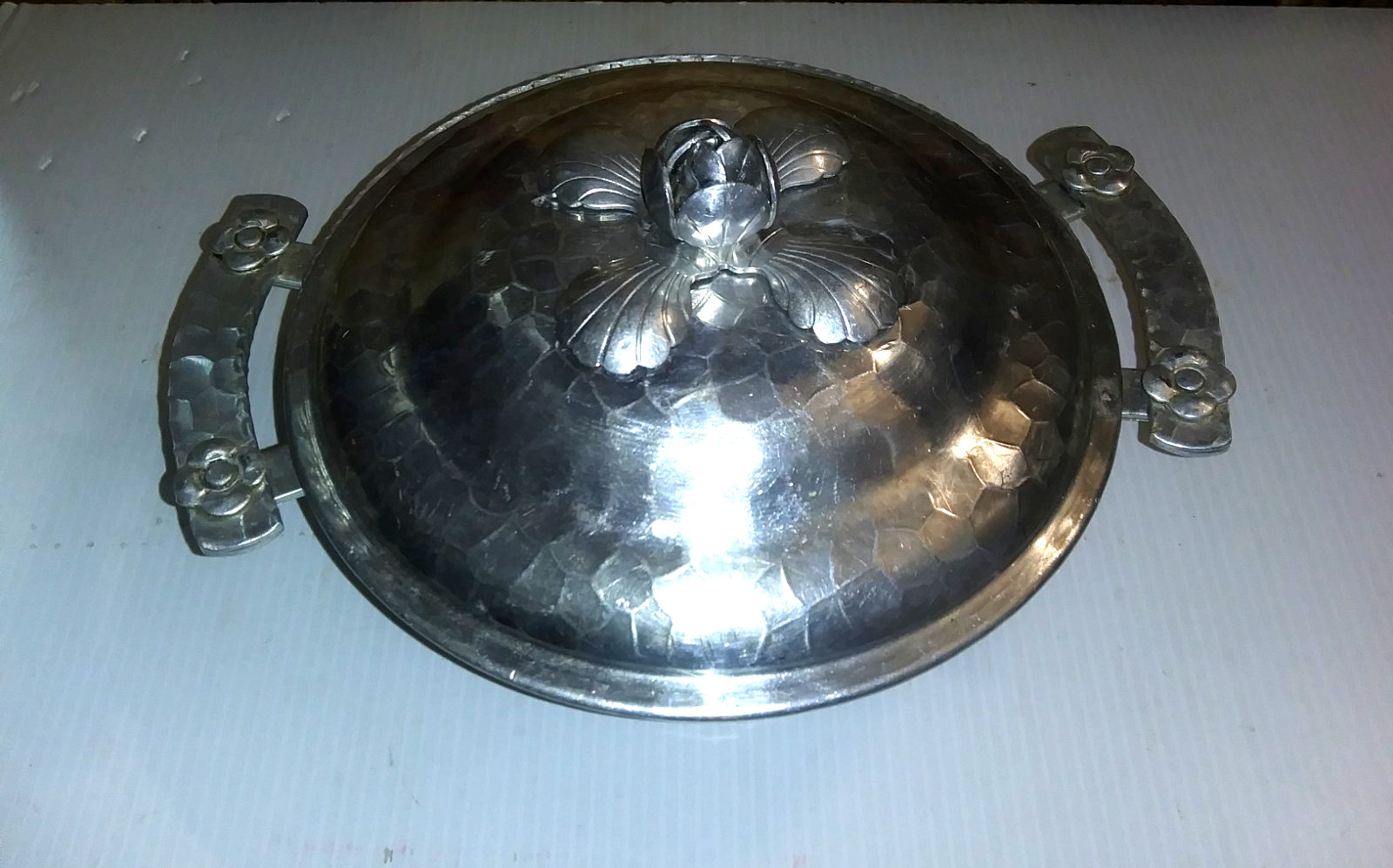 Vintage Hand-Forged Aluminum Casserole Serving Dish Floral Handles