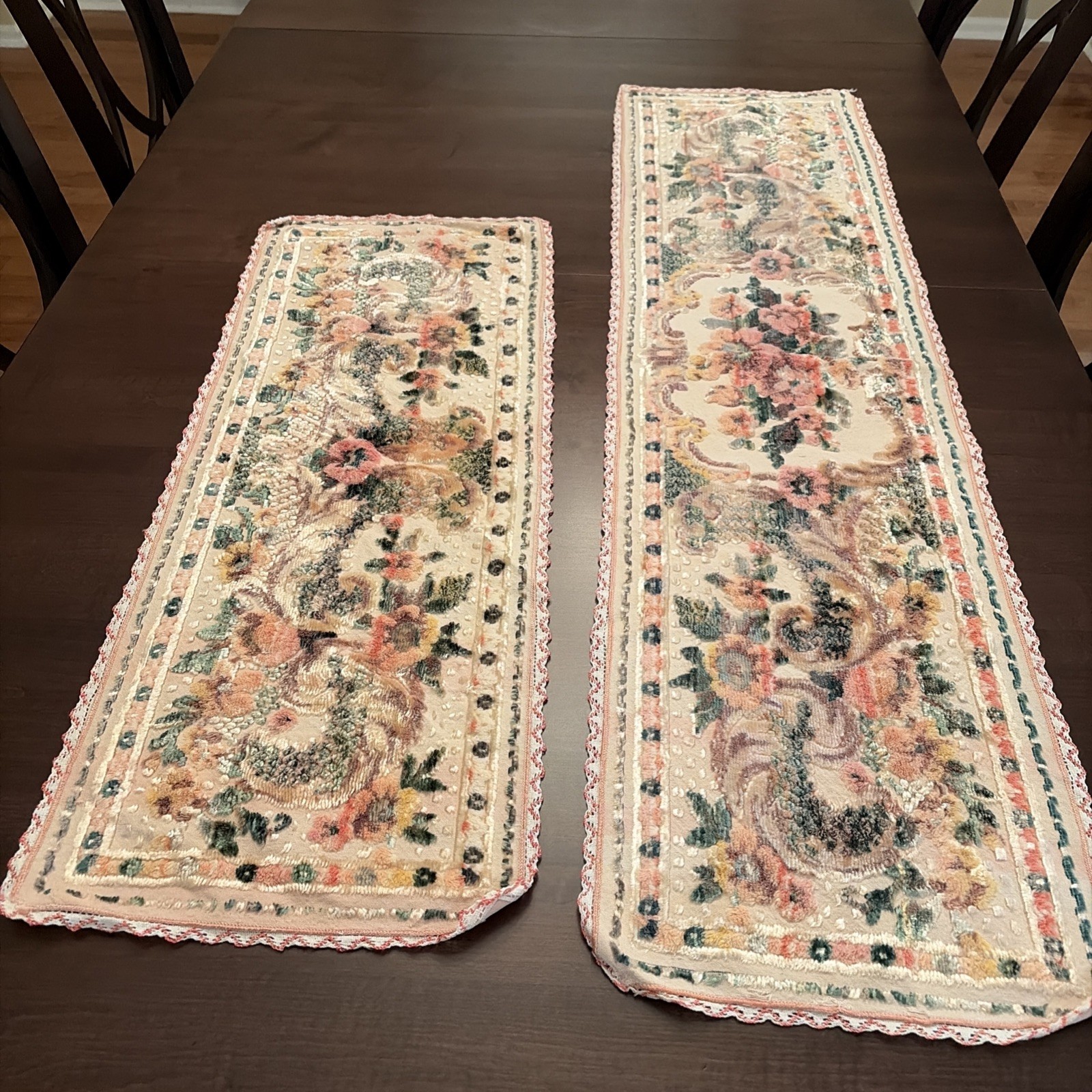 Vintage Floral Velvet Table Runner Dresser Scarf Pink Roses Set of 2 Grannycore