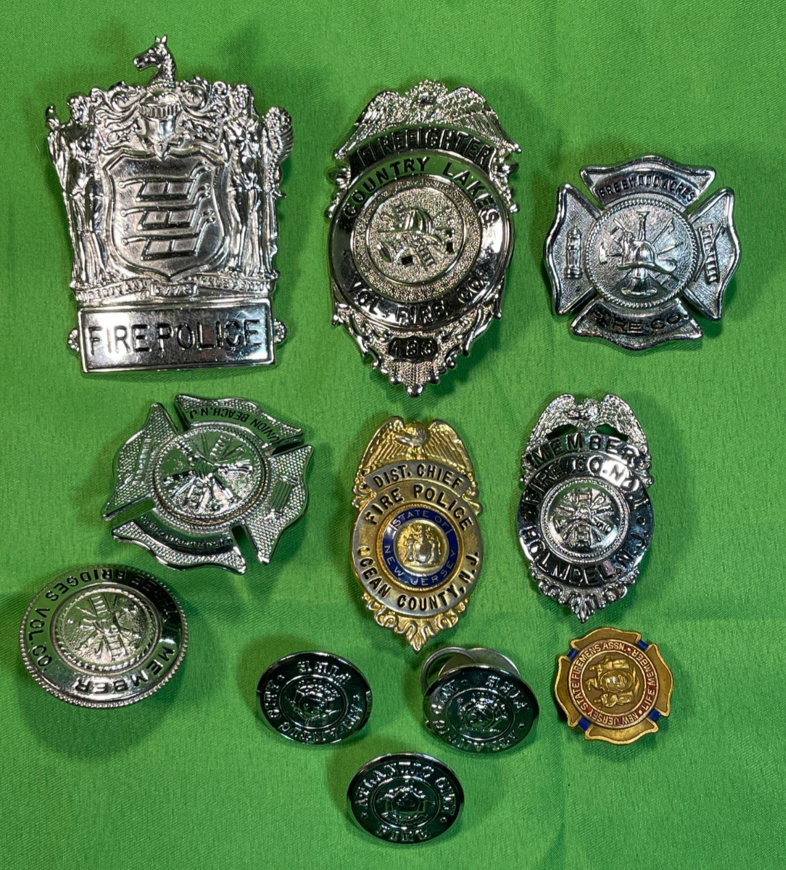 Lot of 8 Antique Retired New Jersey Firemen's Badges and 3 Buttons Obsolete