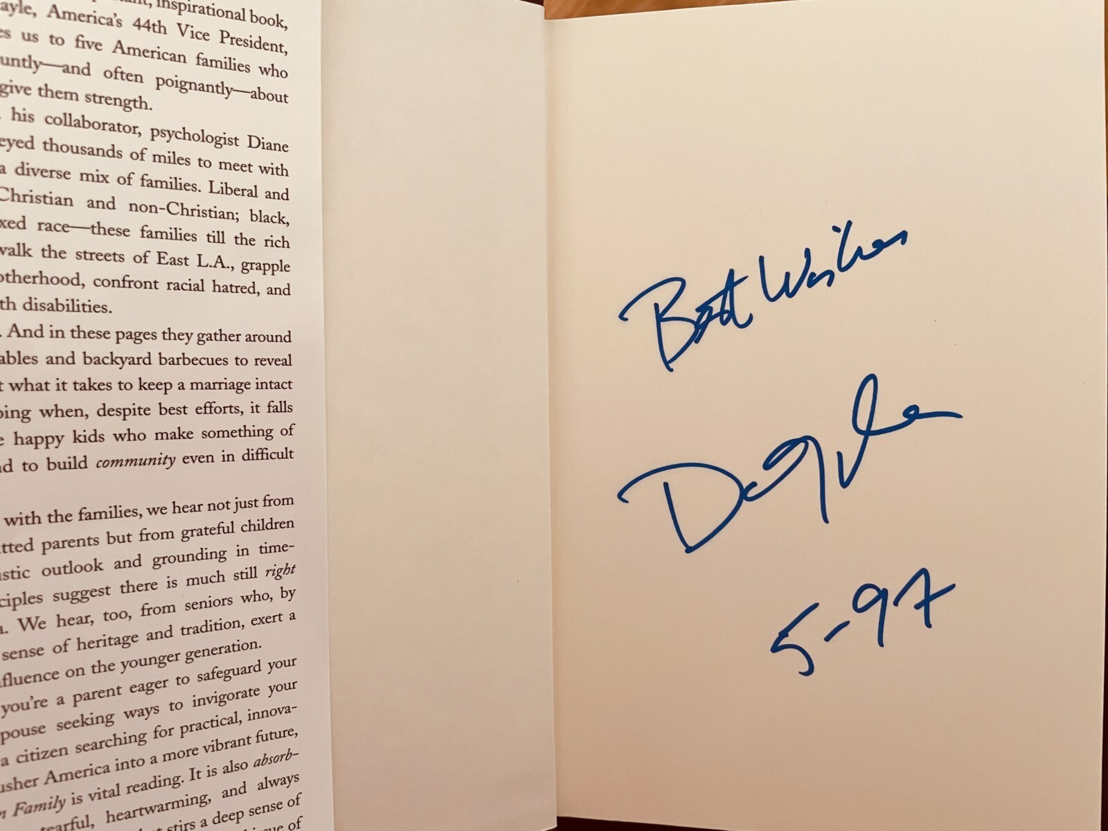 Vice President Dan Quayle signed American Family hardcover book Best Wishes 5-97