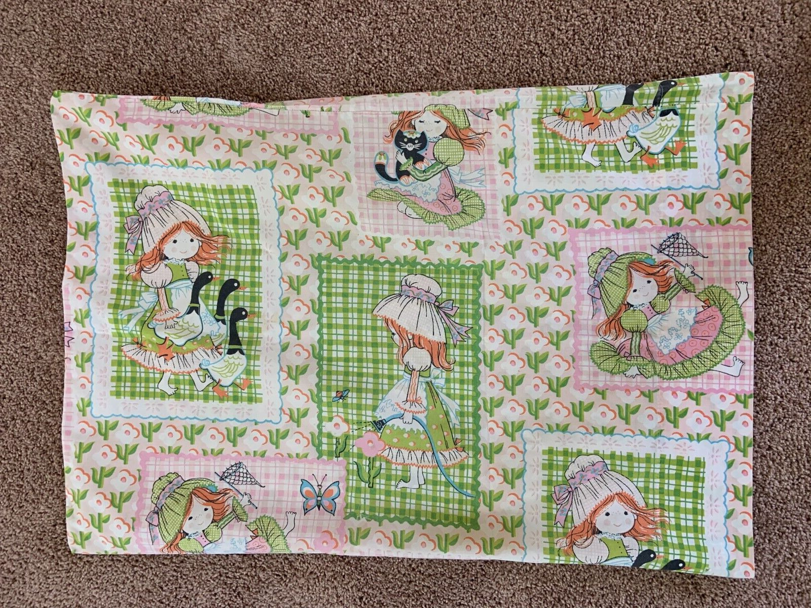 Vintage Holly Hobbie Katie's Patchwork Pillowcase Geese Cat Flowers