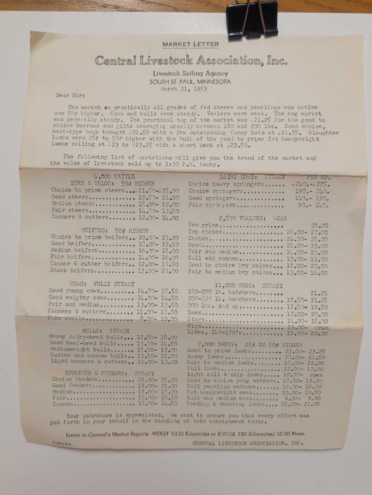 1953 Vintage Central Livestock Association South St. Paul Trend & Market Value 