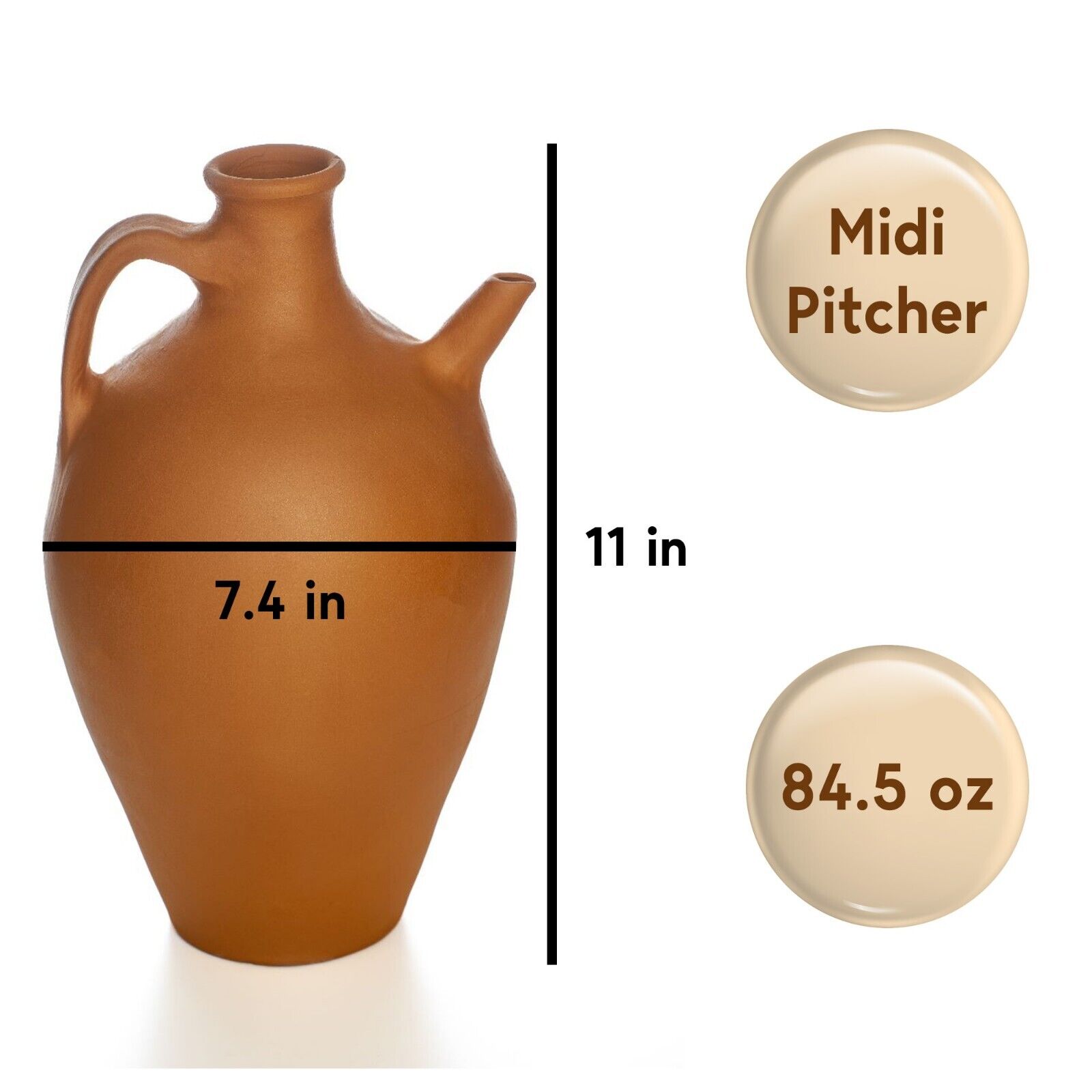 Hakan Handmade Traditional Natural Unglazed Clay Pitcher with Spout, Midi, Large