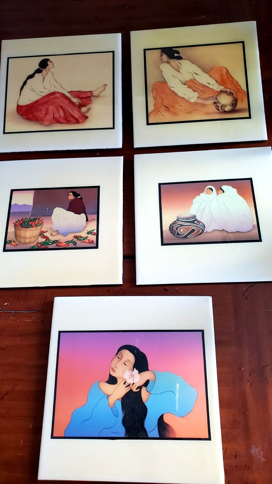 VTG R. C. Gorman Art Tile Wall Hanging Set 5 Navajo Women Made France Mexico