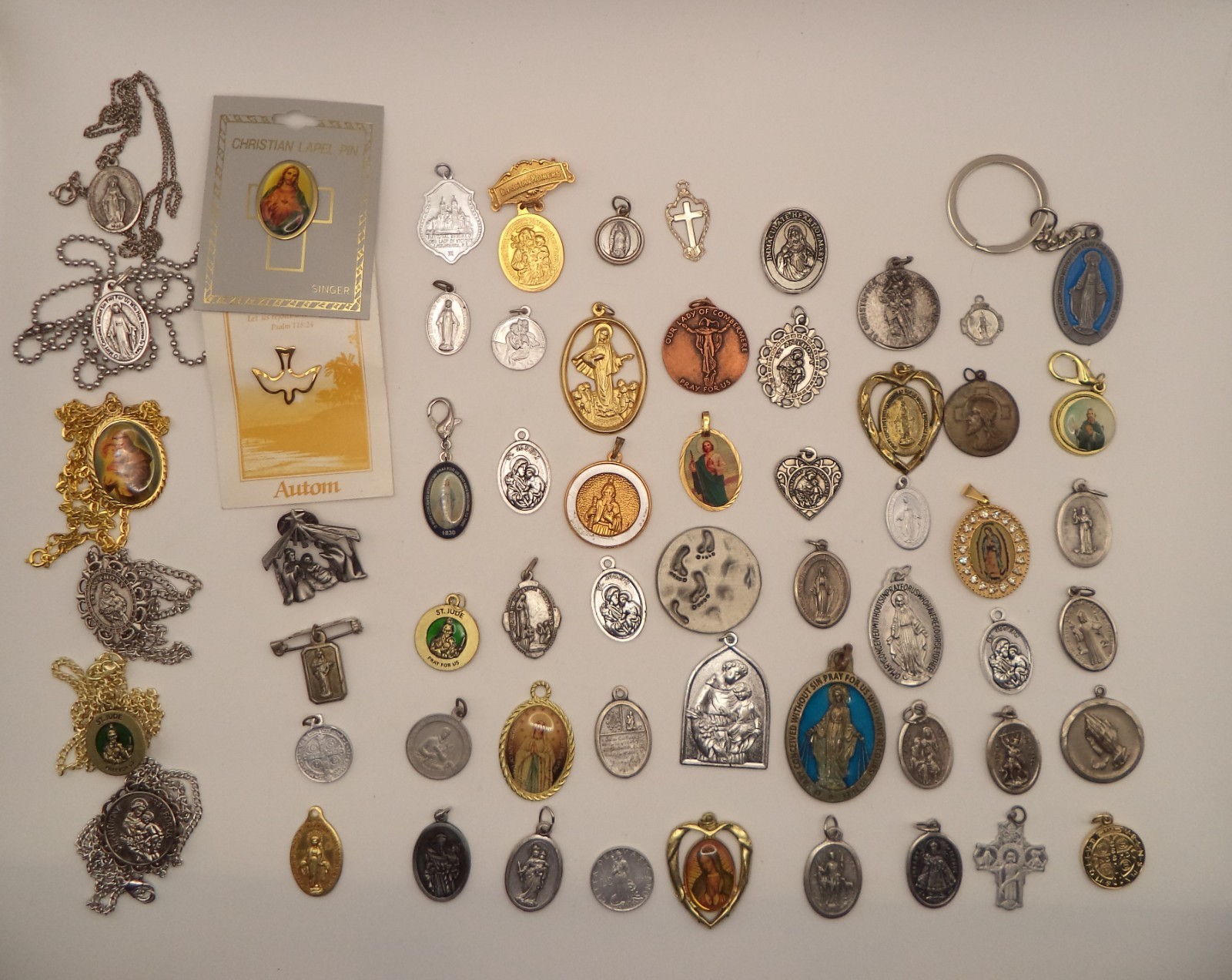 60pc Vintage Catholic Medal Jewelry Lot - Miraculous, Saints, Crosses, Pins