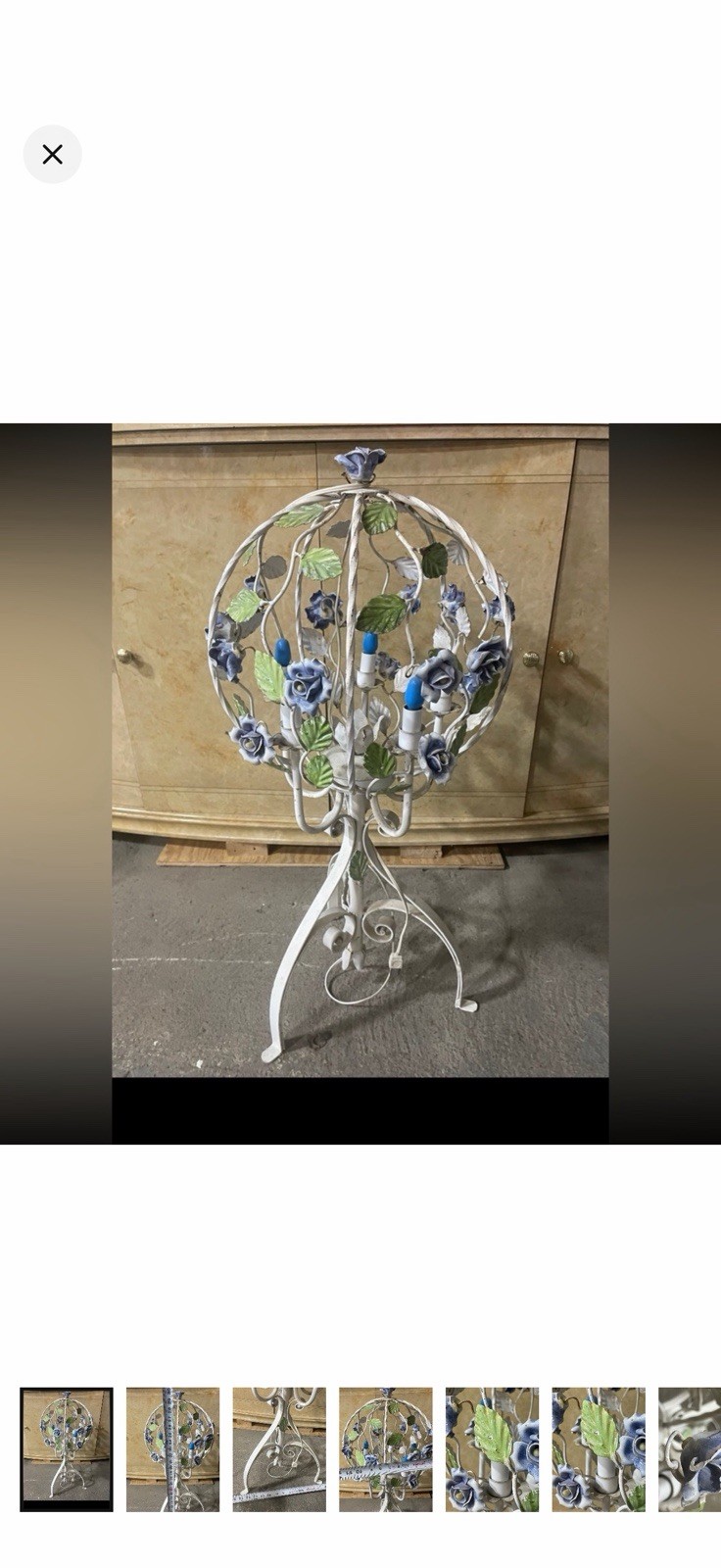 VTG Italian tole birdcage-style accent lamp blue porcelain roses, wrought iron
