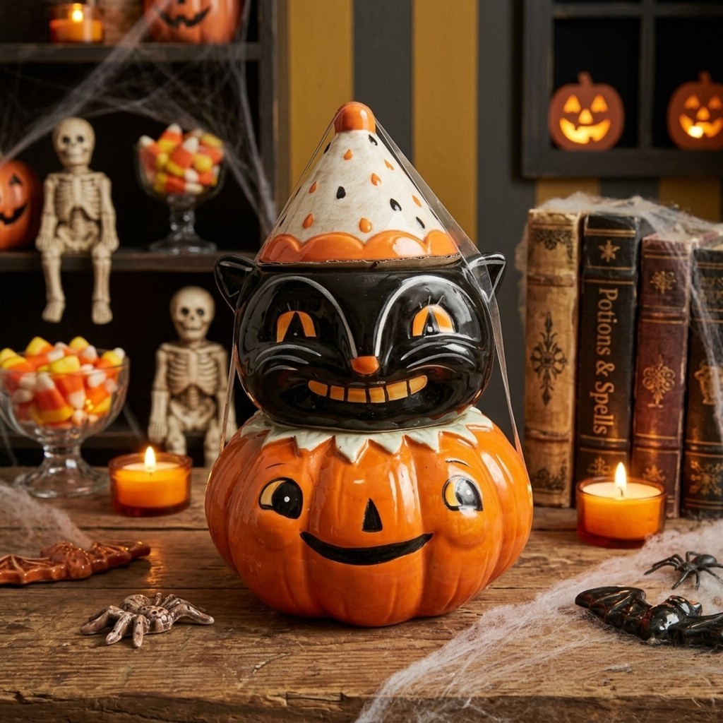 Johanna Parker Halloween Whimsical Black Cat Pumpkin Cookie Jar Johanna Parker Halloween Whimsical Black Cat Pumpkin Cookie Jar
