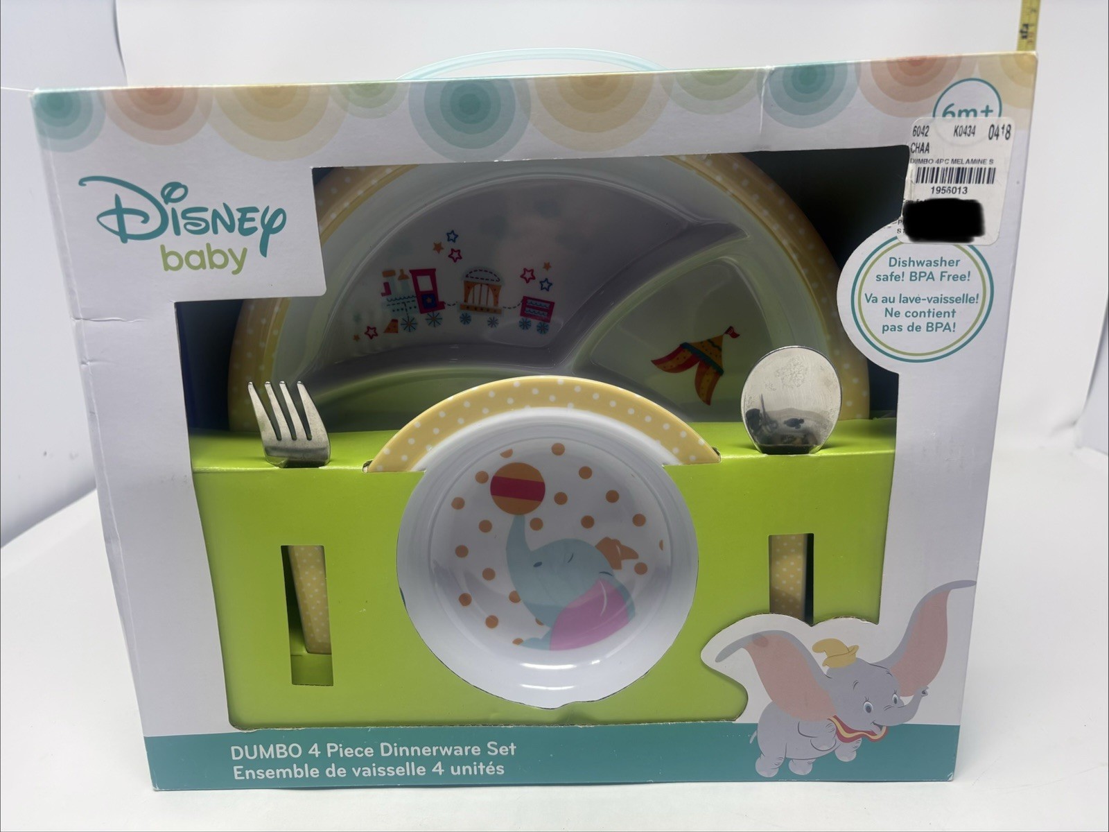 Disney Baby Dumbo 4pc Melamine Kids Dinnerware Set Plate Bowl Fork Spoon