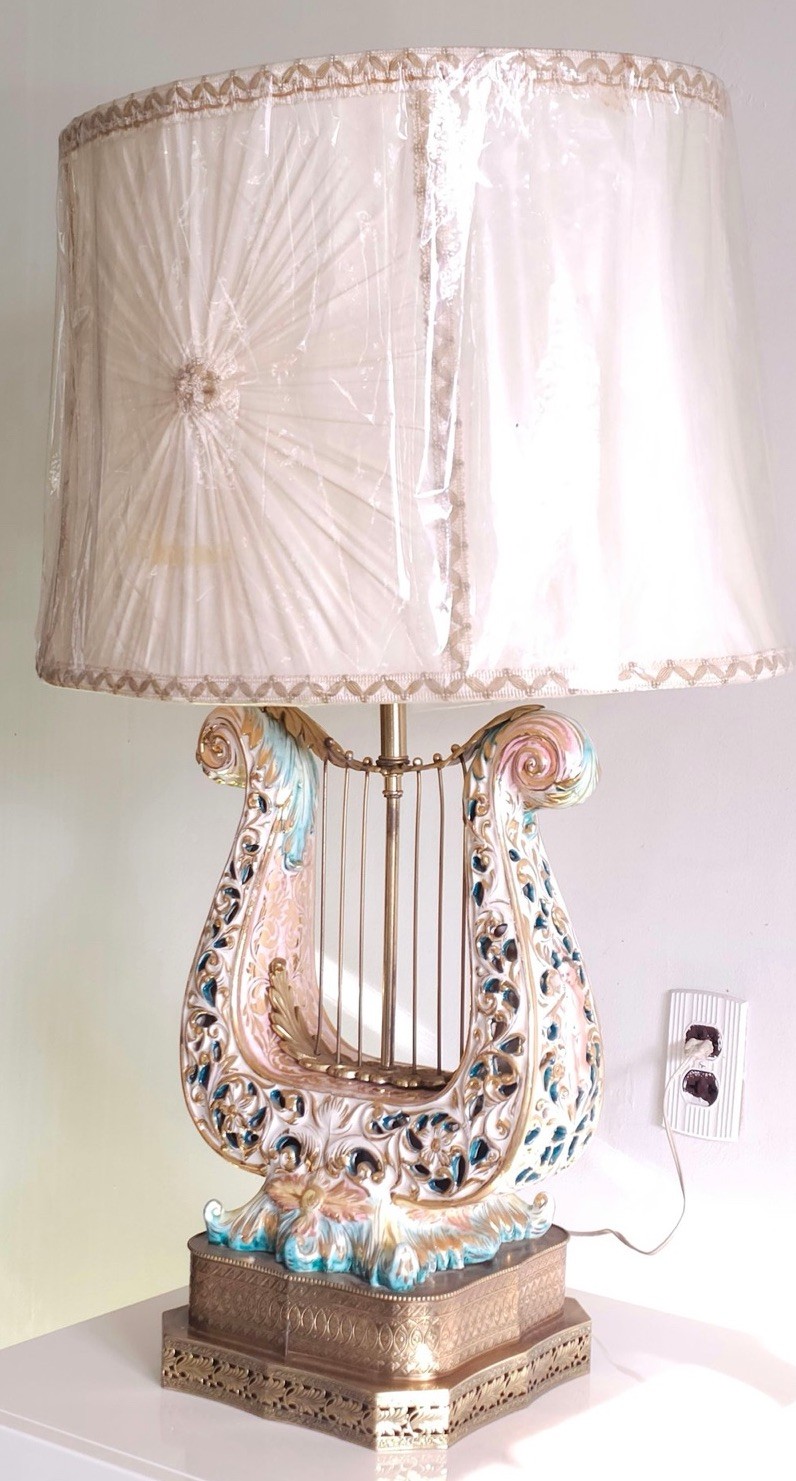 Vintage Italian Porcelain Lyre Shape Table Lamp 