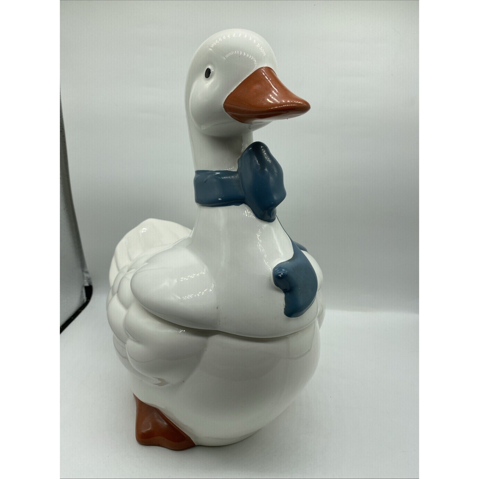 Vintage Ceramic Goose Cookie Jar White Blue Bow 13\