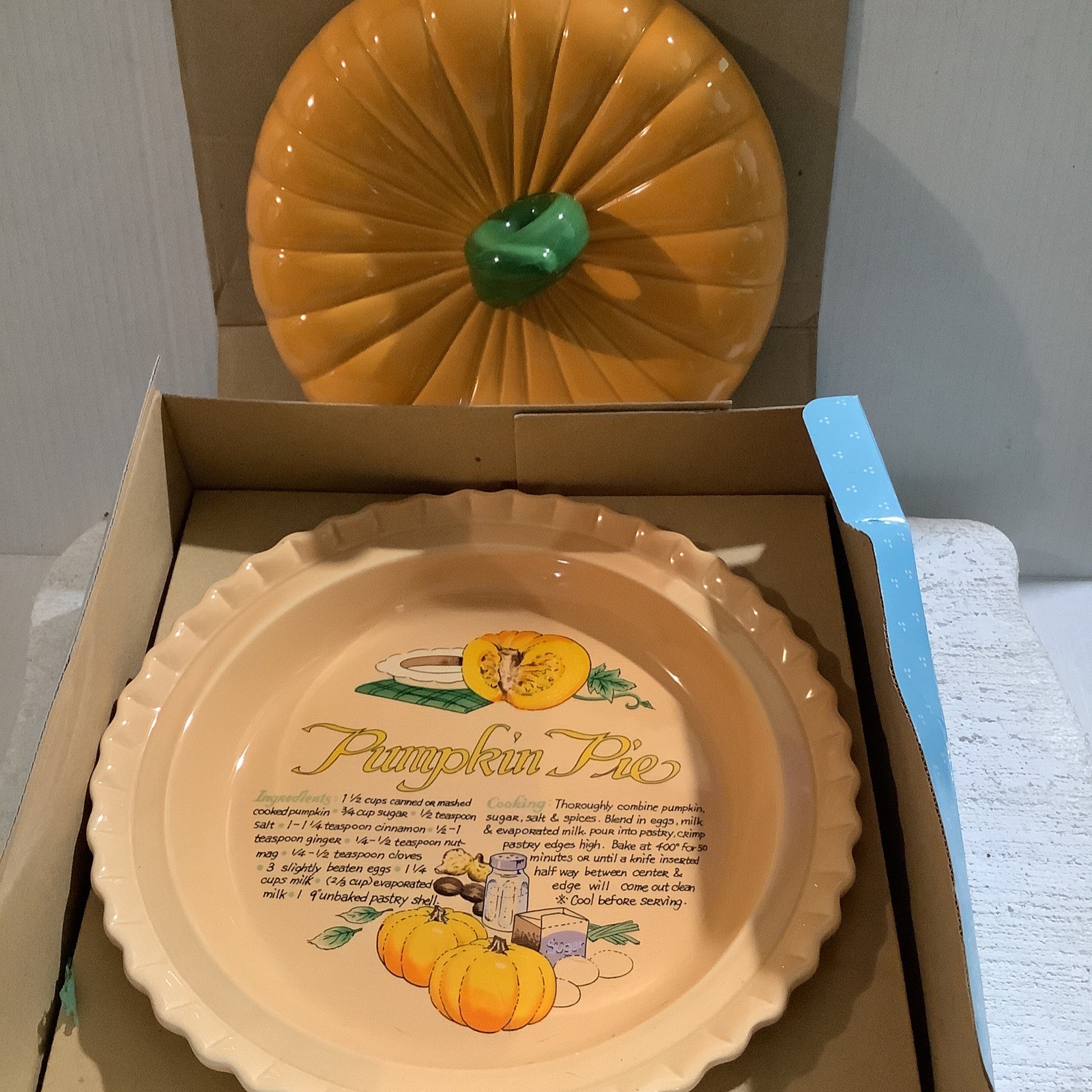 VTG 1980s Ceramic Pumpkin Pie Recipe Plate Dish w/Lid  Keeper Ames Dept Store