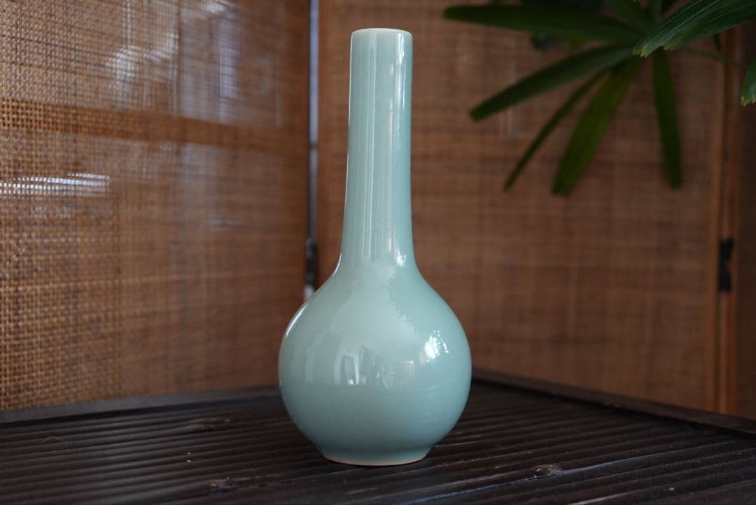 Arita Ware Celadon Vase, Blue-Green Glaze, Crane Neck, Flower Pot