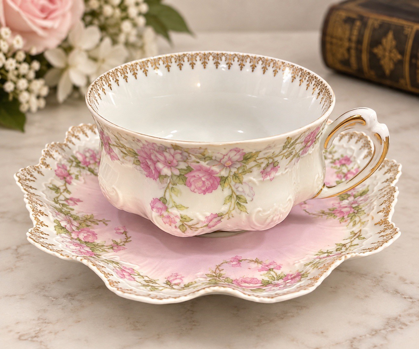 Antique MZ Austria Pink Rose Tea Cup Saucer Scalloped Gold Porcelain c1900